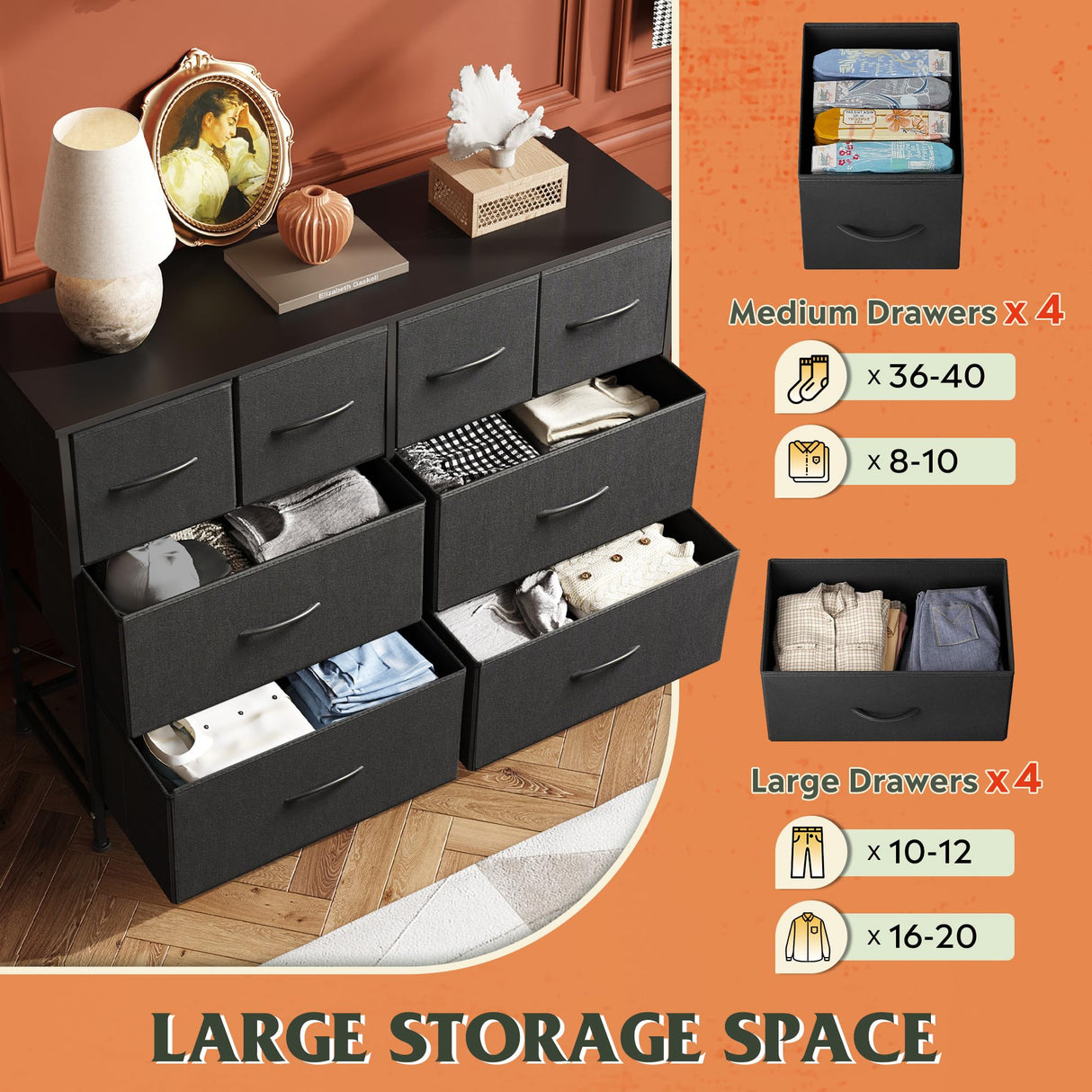 WLIVE Dresser for Bedroom with 8 Drawers, Wide Fabric Dresser for Storage and Organization, Bedroom Dresser, Chest of Drawers for Living Room, Closet, Hallway, Black WLIVE