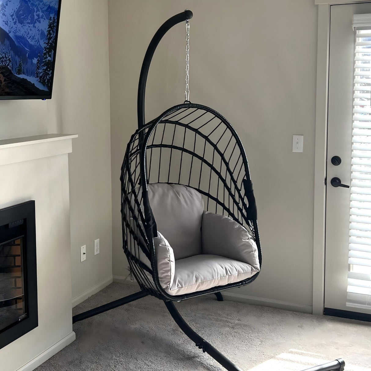 DWVO Wicker Swing Egg Chair 300lbs Capacity - Foldable Hanging Hammock with Cushions & Stand, Indoor/Outdoor Patio Swing Chair for Bedroom, Garden, Balcony (Grey) DWVO