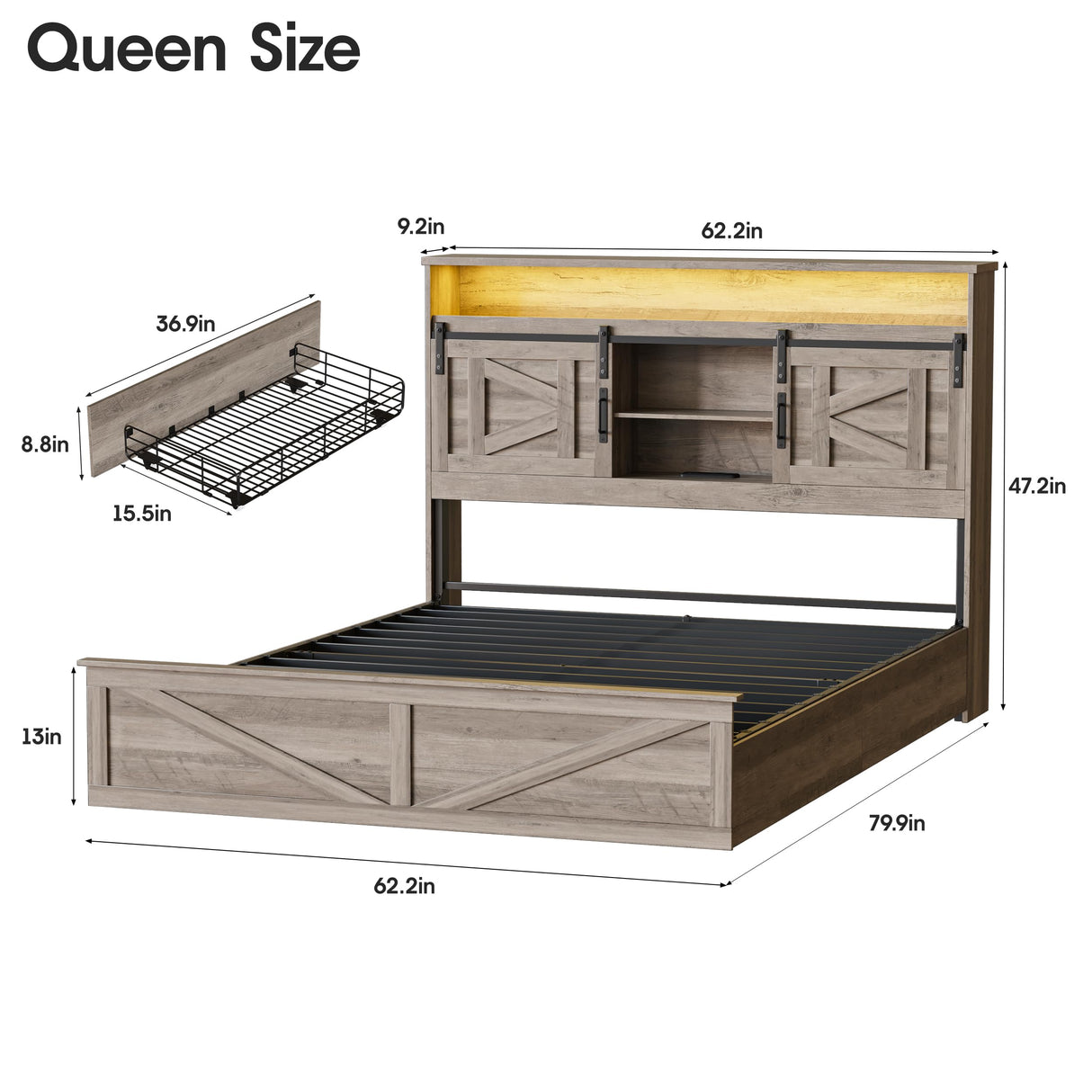 Fameill Farmhouse Queen Size Bed Frame with 4 Drawers and Bookcase Headboard, Sliding Barn Door Storage Shelves, LED Lights and Charging Station, No Box Spring Needed, Grey Fameill