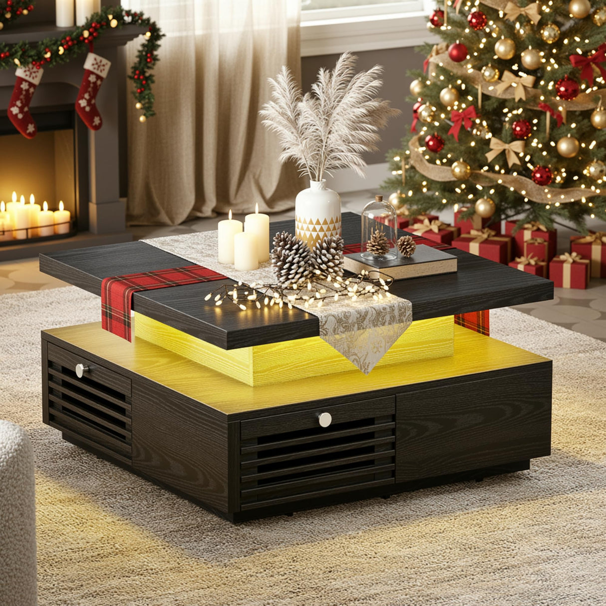 IRONCK Mid Century Modern Coffee Table with LED Lights & Charging Station, 4 Storage Drawers with Grille Design, Square Wood Coffee Table for Living Room Office, (Black) IRONCK