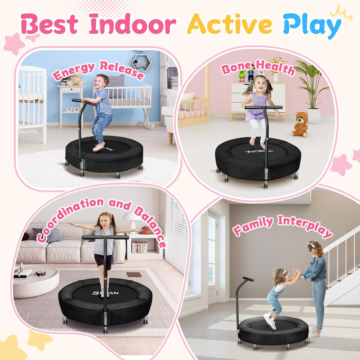 BCAN 36'' Mini Folding Ages 2 to 5 Toddler Trampoline with Handle for Kids, Indoor/Garden Toddlers Trampoline with Super Safe Cover for Toddlers, Black BCAN