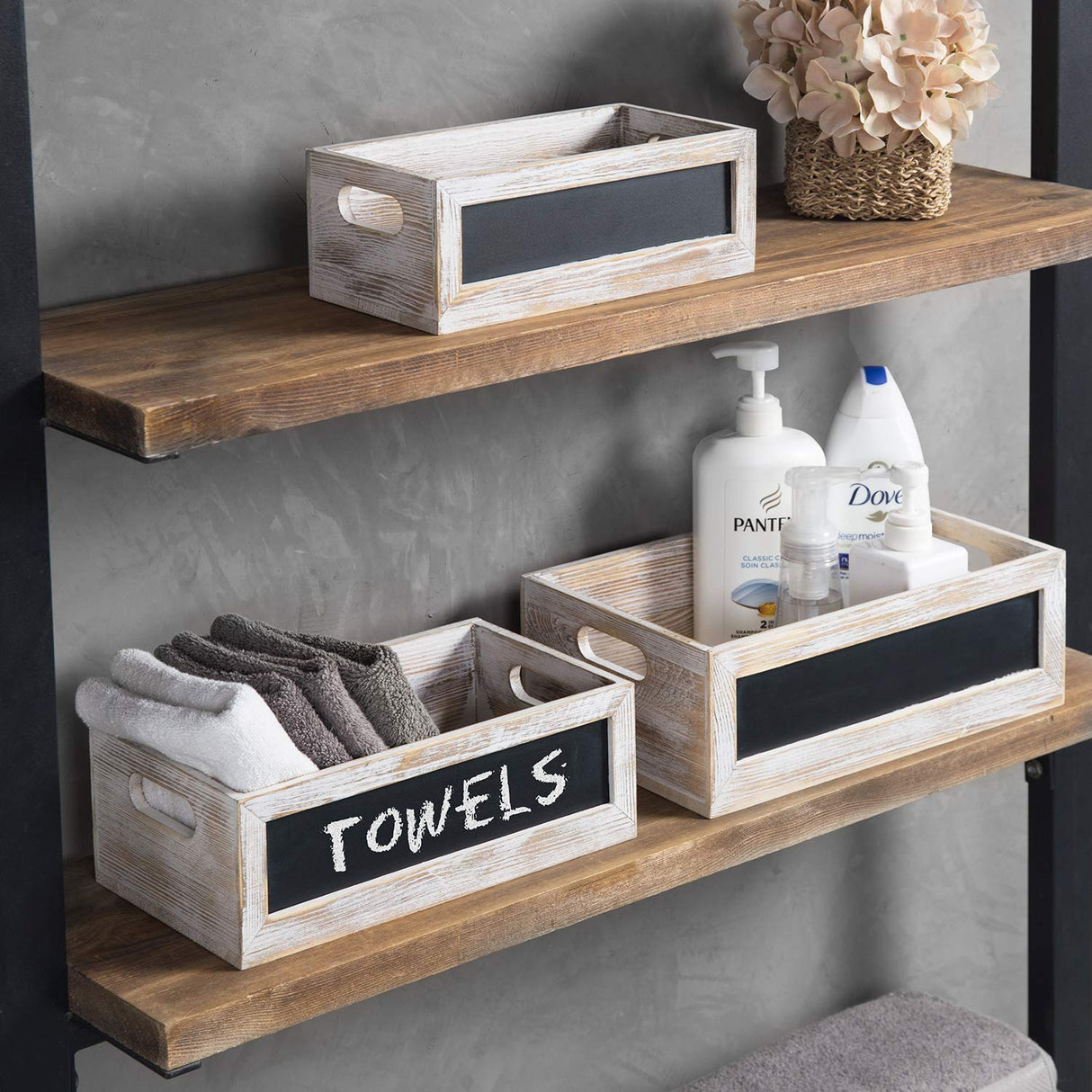 MyGift Nesting Wooden Crates, Whitewashed Wood Decorative Storage Organizer Bin with Chalkboard Front Panel, Multipurpose Box for Bathroom Kitchen Laundry Fruits & Vegetables Storage Crate, 3 Pc Set MyGift