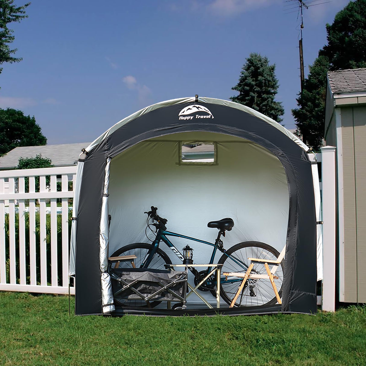 Happy Travel Bike Storage Shed Tent,Outdoor Portable Bicycle Storage Sheds with 210D Oxford Fabric PU4000 Waterproof for 2/3/4/6/8 Bikes,Bike Covers Shelter for Motorcycle,Garden Tools,Toys,Lawn Mower HAPPY TRAVEL