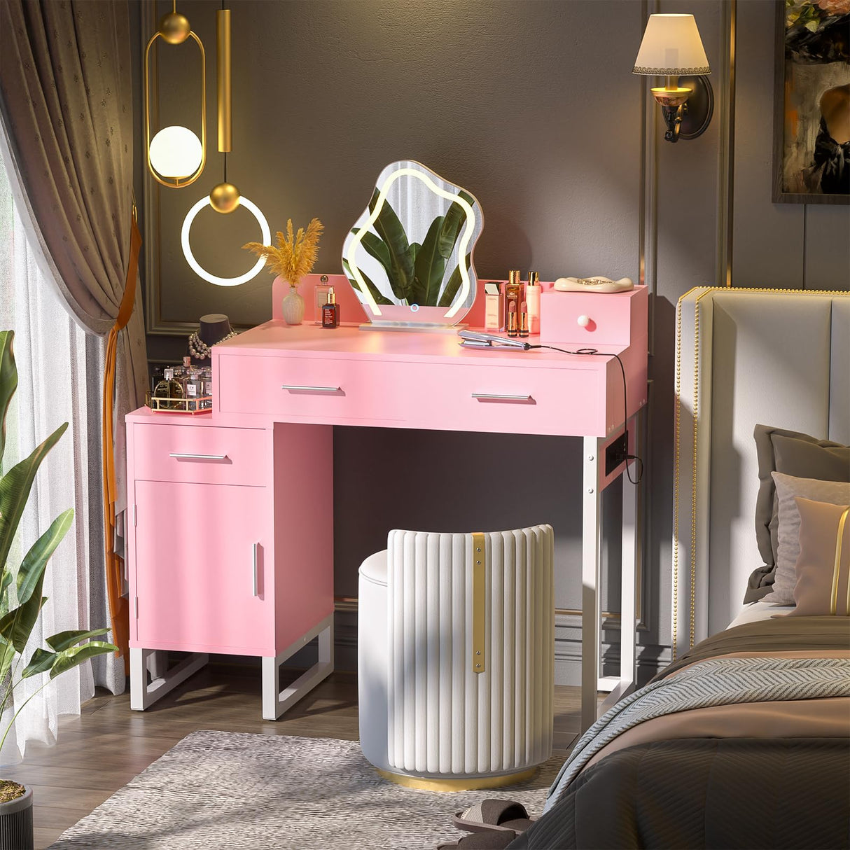 Vanity Desk with 4 Storage Drawers - Modern Makeup Vanity Table with Charging Station, Pink Vanity Desk with Reversible Cabinet Dressing Table Set with Divided Organizers for Women Girls, Pink & White Besiost