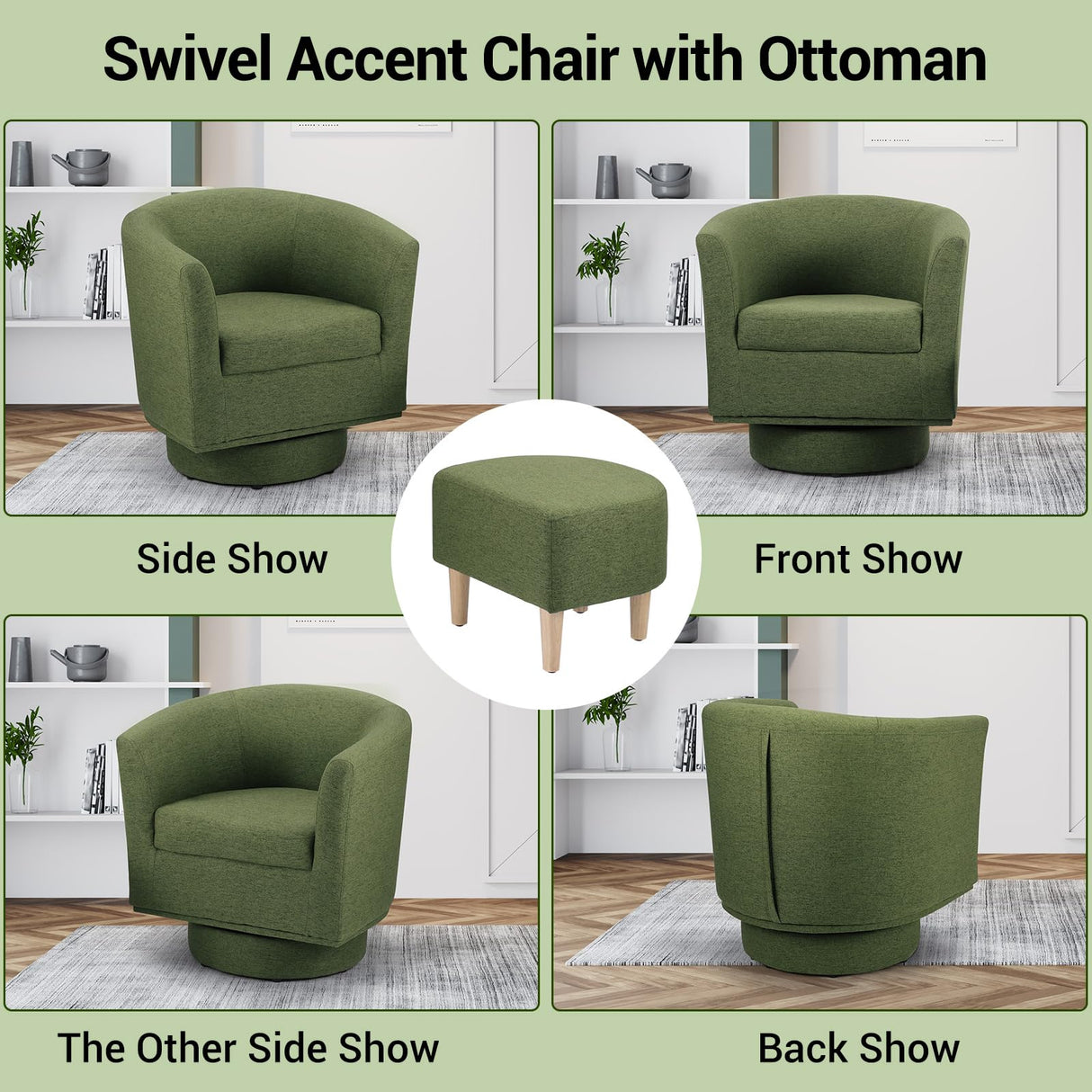 DAZONE Green Swivel Accent Chair with Ottoman, Comfy Barrel Armchair for Small Spaces, 360° Modern Fabric Lounge Chair for Living Room, Bedroom, Reading Nook, Home Office DAZONE