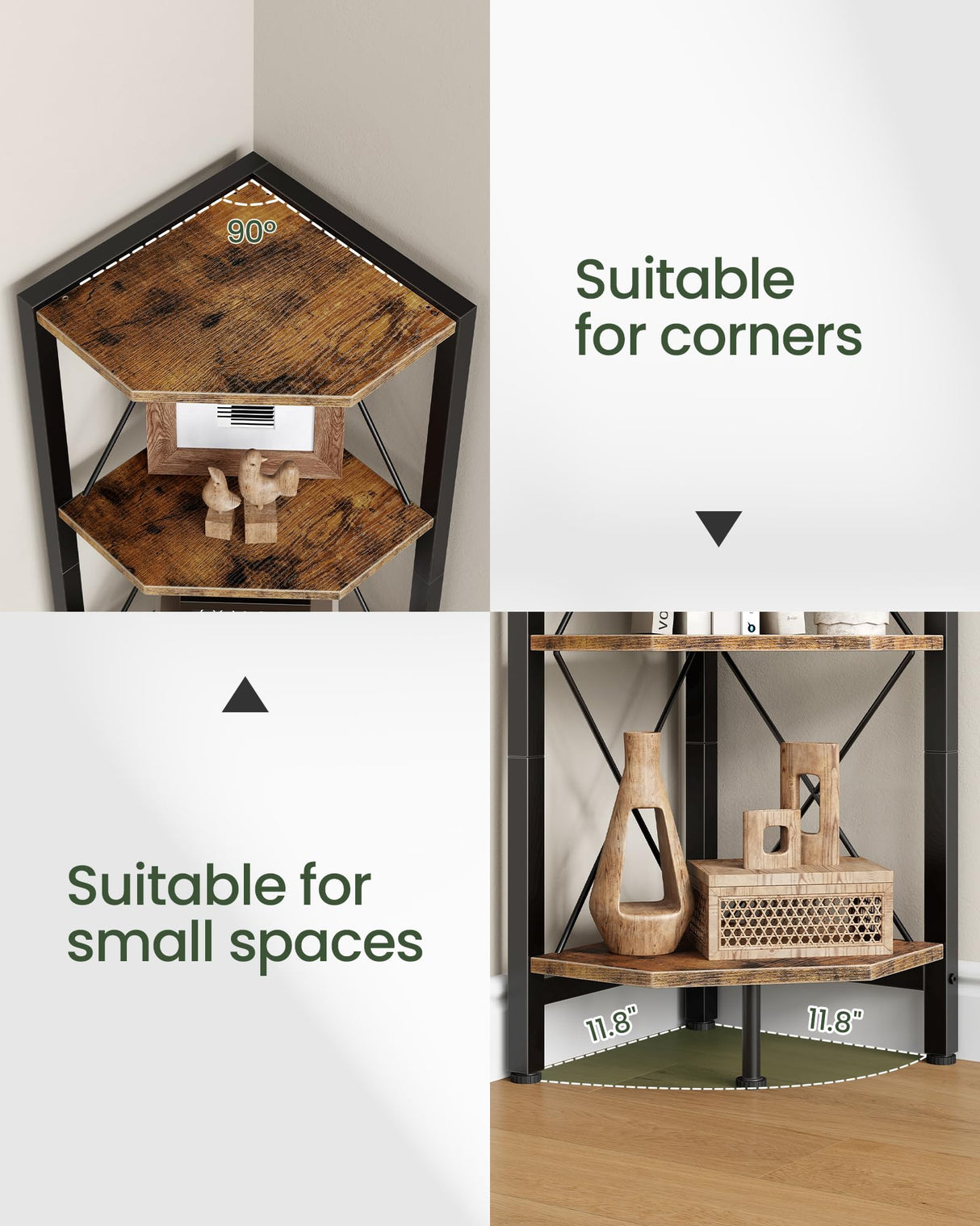 CHOEZON 6-Tier Corner Shelf, Corner Bookcase, 66.9" Tall Vertical Display Rack, Plant Stand, Open Storage Shelf, for Living Room, Bedroom, Study, Kitchen, Rustic Brown and Black TCJ13BF CHOEZON