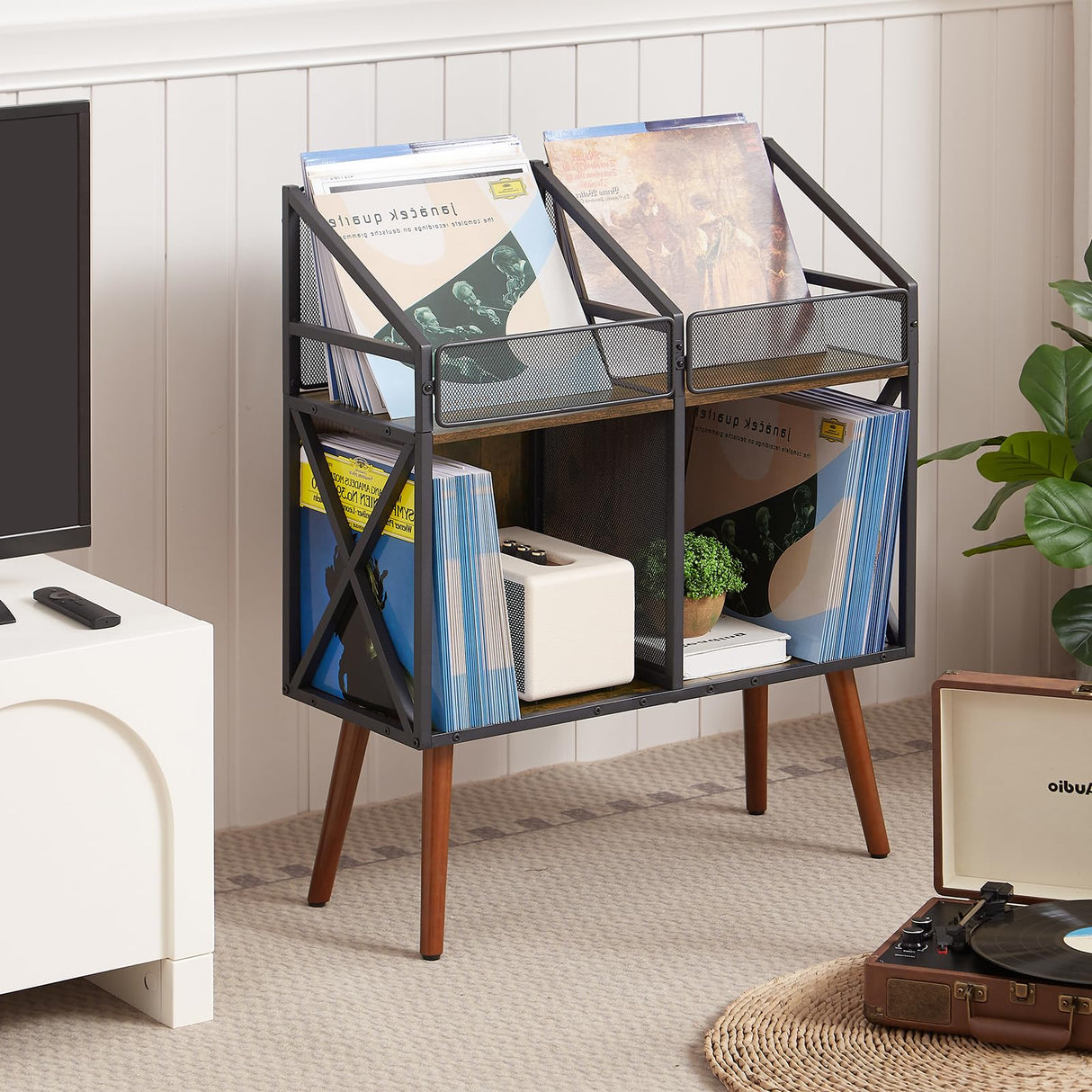 EYOCAL Vinyl Record Storage Holder Rack,250 LP Wooden Record Display Table for Albums Books Magazines Files for Living Room Bedroom Patent Pending EYOCAL