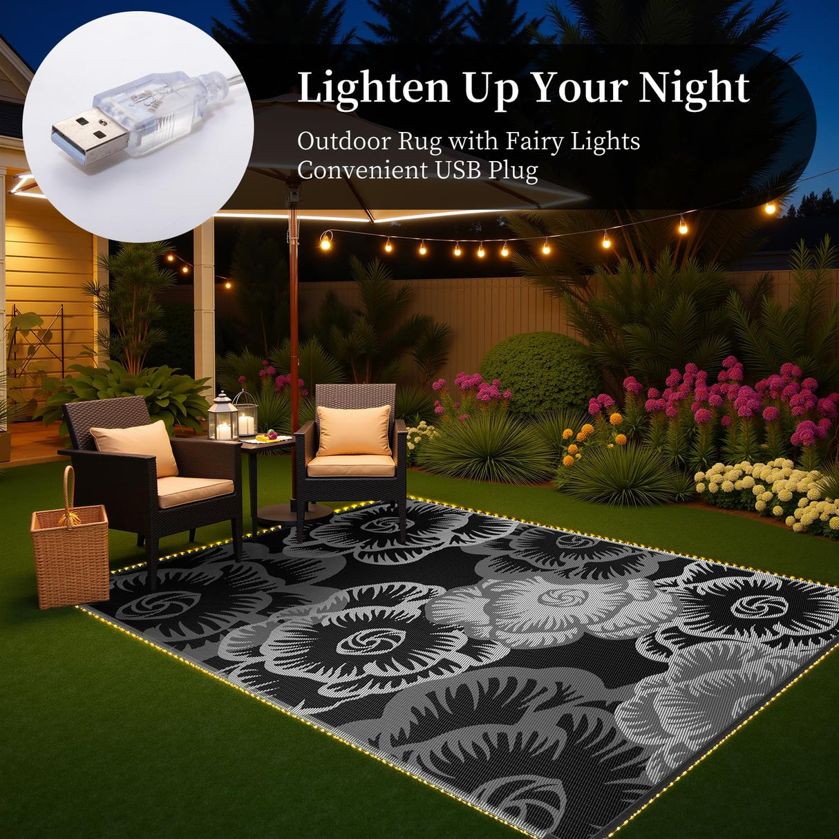 MontVoo Outdoor Rug with Led String Strip Lights 6x9ft Waterproof Outdoor Patio Rug Mat Reversible Plastic Straw Rug Outside Outdoor Rug for RV Camping Picnic Balcony Backyard Fairy Outdoor Decor MontVoo