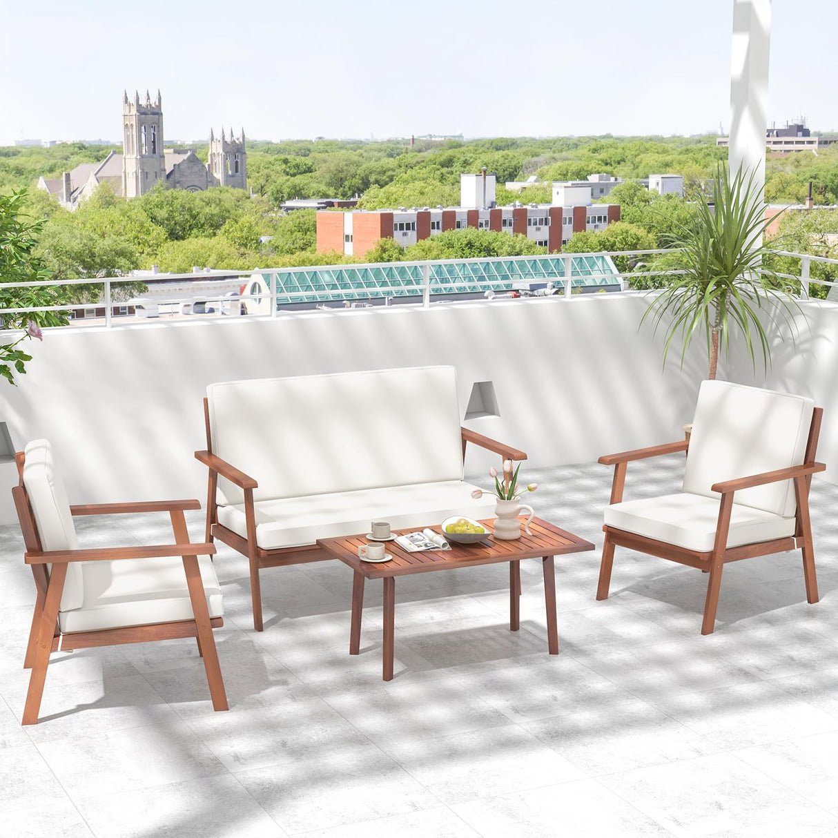 Tangkula 4 Piece Outdoor Conversation Set, Acacia Wood Sofa Set with Soft Seat & Back Cushions, Rectangle Coffee Table Patio Wood Furniture Set for Backyard, Poolside, Garden (1, Off White) Tangkula