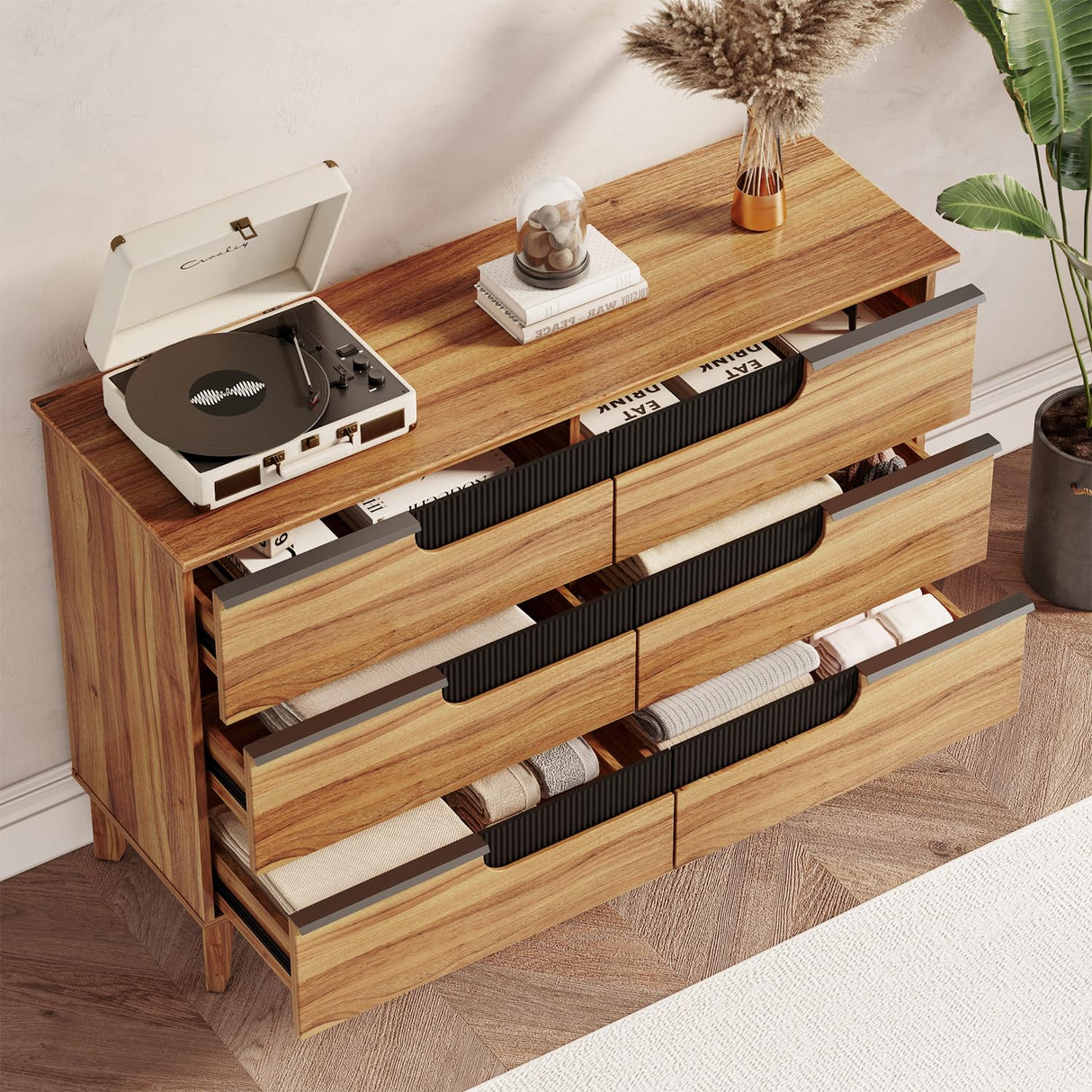 VOPEAK Wood Dresser for Bedroom, 6 Drawer Dresser with Solid Wood Legs, Brown Wooden Modern Minimalist Double Chest of Drawers for Cloth Stroage, 47.24" W x 15.75" D x 31.89" H VOPEAK