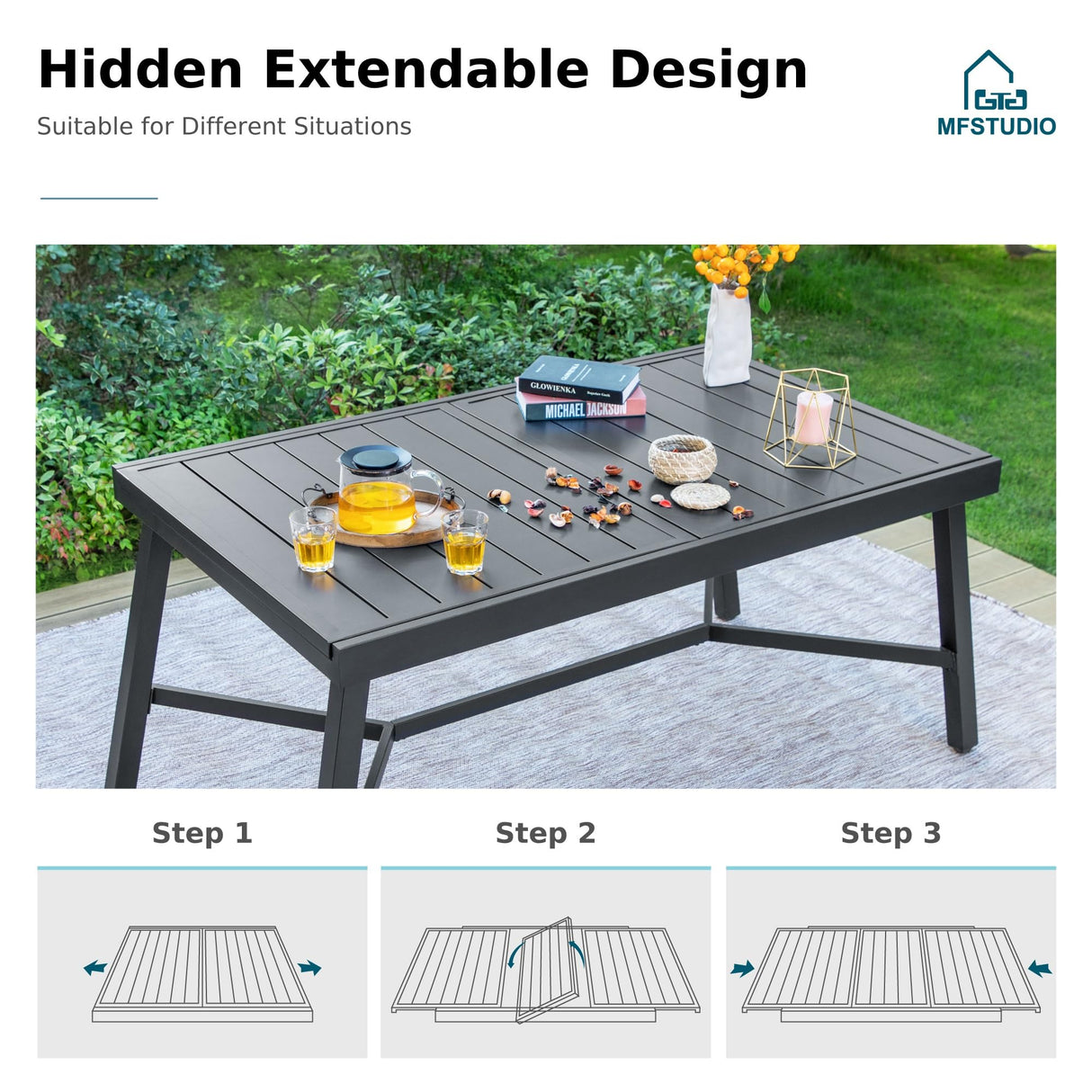 MFSTUDIO 9PCS Outdoor Patio Dining Set, Outdoor Table Chair Set with 1 Large Rectangular Expandable Table, 8 Armrest Chairs Include 6 Fixed and 2 Swivel Chair with Removable Cushions MFSTUDIO