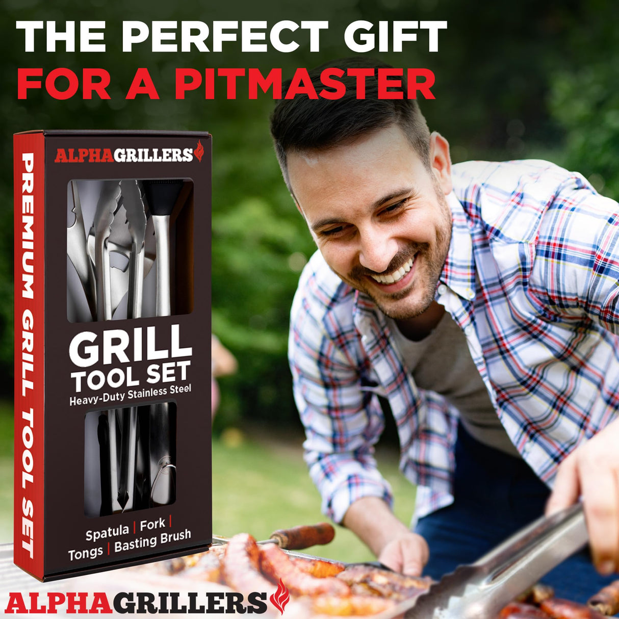 Grilling Accessories - Stainless Steel Heavy Duty Grill Tools Set BBQ Accessories for Outdoor Grill with Spatula, Fork, Brush & Tongs - Grilling Gifts for Men Valentines Day Gifts for Him Alpha Grillers