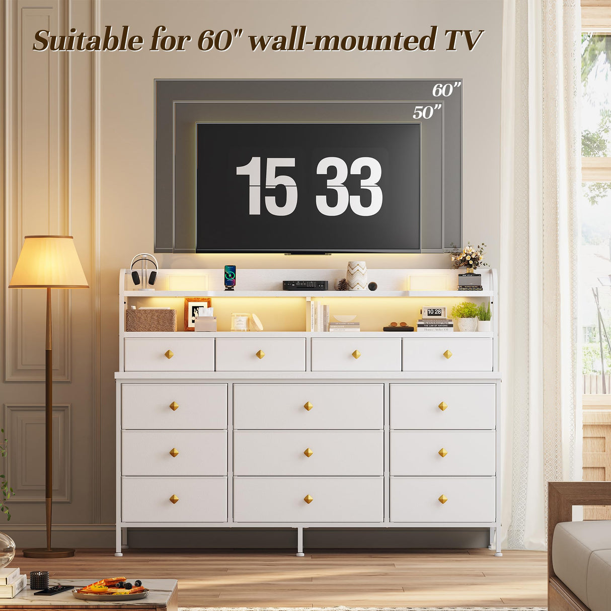 EnHomee 51.2" W White Dresser with 13 Drawers and LED Lights, White Dresser for Bedroom with Fabric Drawer, Long Dressers & Chests of Drawers, Dresser for Bedroom with Shelves for Closet EnHomee