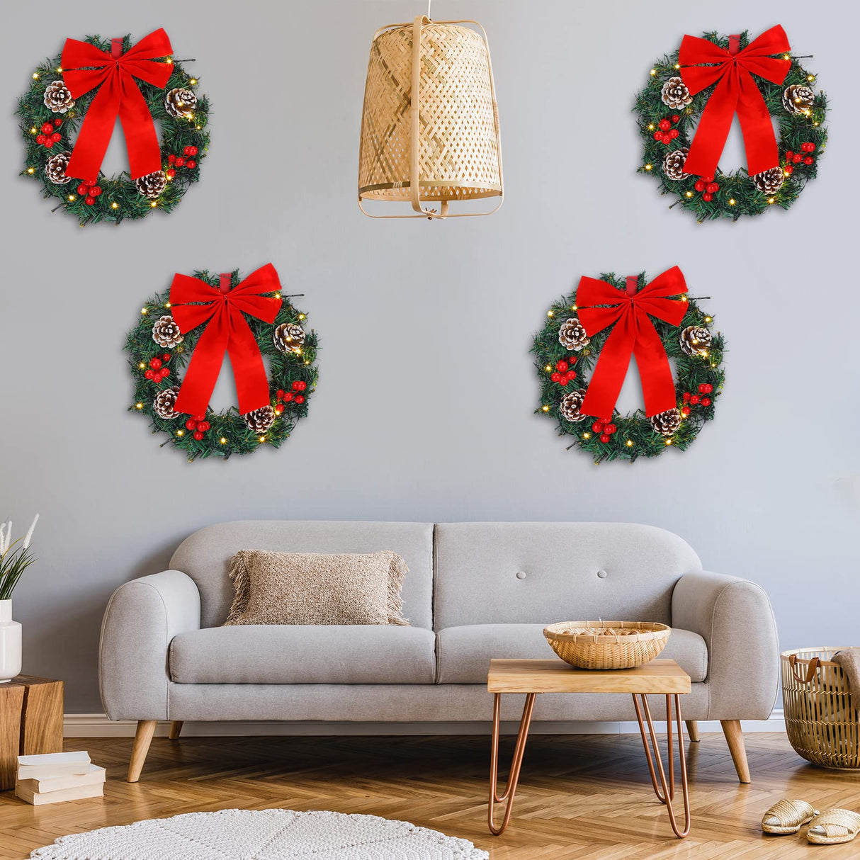 4 Pcs Lighted Christmas Wreaths, 13 Inch Pre Lit Small Xmas Wreath with Large Bow, Pine Needle Wreath with LED Lights Battery Operated Xmas Ornaments for Front Door Wall Christmas Party Decor (Red) Cindeer