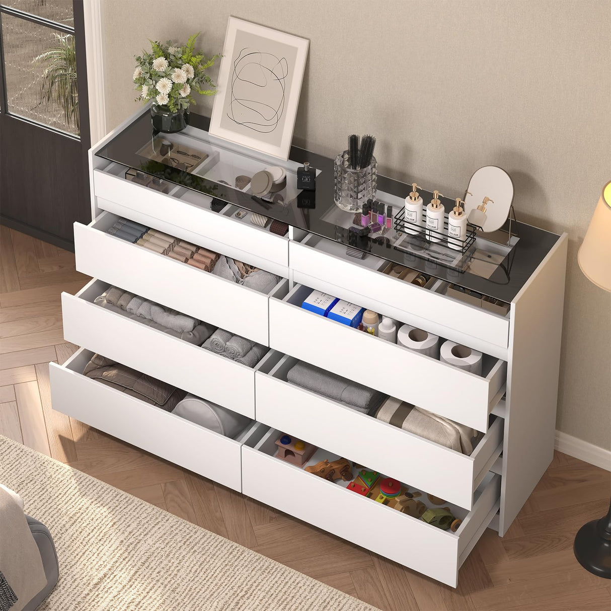 ZORPLIX White Dresser for Bedroom, 8 Drawer Dresser with Glass Top and LED Light, Modern Chest of Drawers, Jewelry Dressers Display, Dressers Organizer for Bedroom, Closet, Living Room ZORPLIX