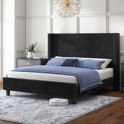 HOWE King Size Upholstered Bed Frame, Wingback Platform Bed with 50.8" Headboard, Corduroy/Solid Wood Leg/No Box Spring Needed/Noise Free/Black