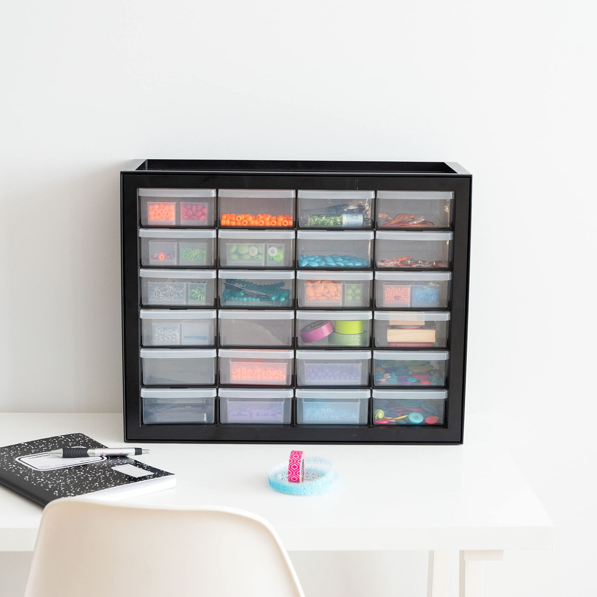 IRIS USA Plastic Storage Drawers, 24-Drawer, Stackable Small Parts Organizer Cabinet for Hardware Screw Nuts and Bolts Sticker Bead Balloon Building Bricks, Teacher Toolbox Garage Storage Bins, Black Iris Ohyama