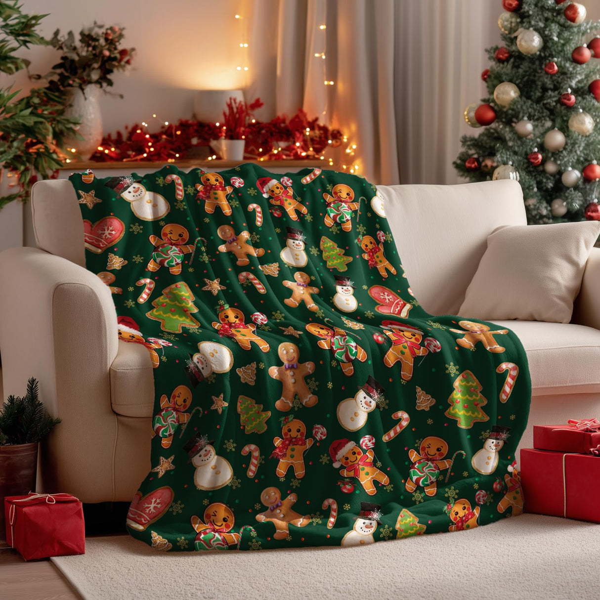 Horaldaily Christmas Flannel Blanket Throw, Green Gingerbread Man Christmas Bear Soft Fuzzy Plush Cozy Fleece Blankets for Couch Sofa Bed Lounging, Ideal Gifts for Kids Adults Wife Self, 50x60 Horaldaily