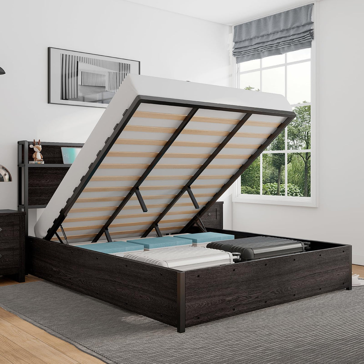 LUXOAK Queen Size Black Lift Up Storage Bed with Charging Headboard and Easy Assembly LUXOAK