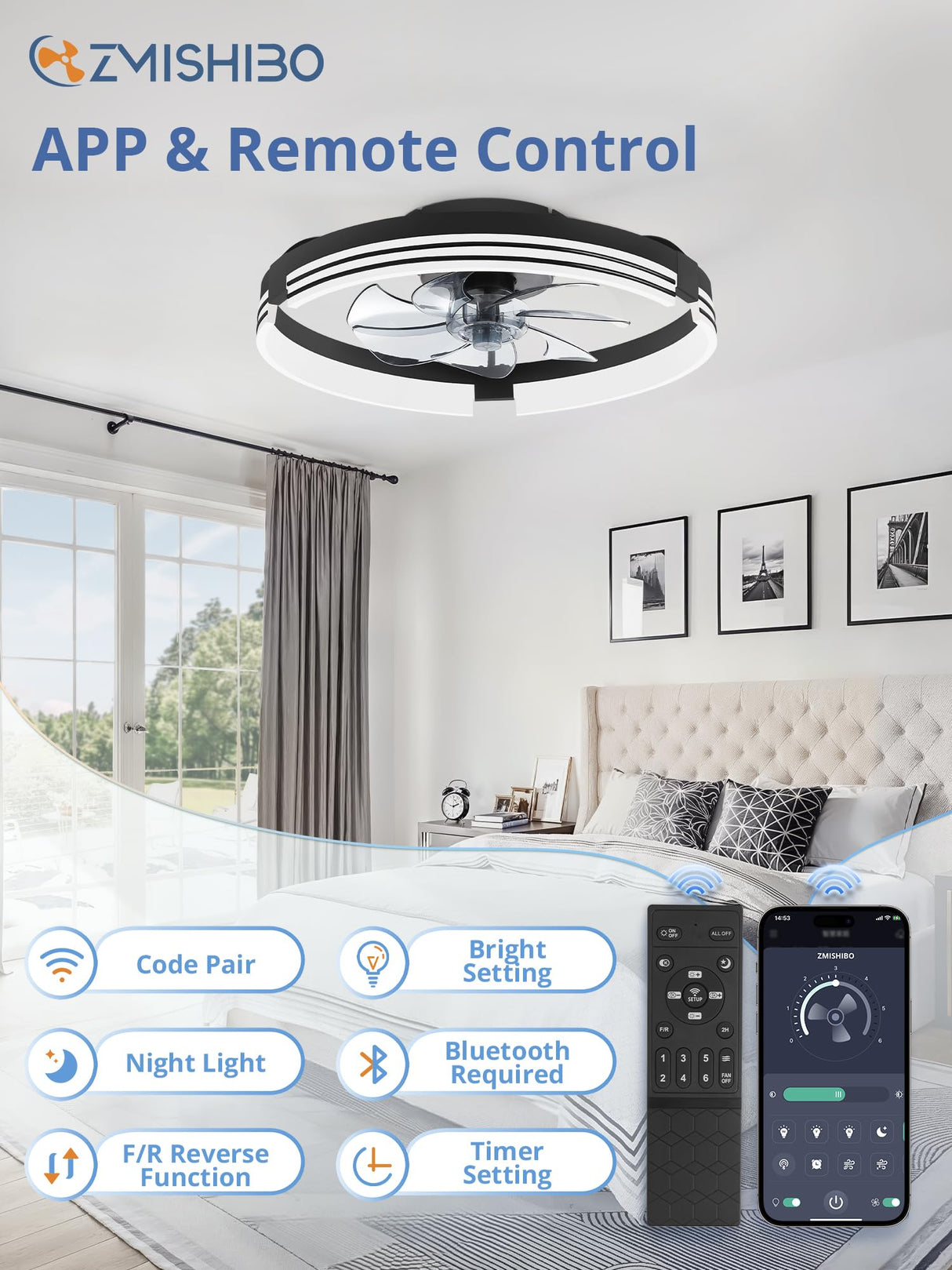 ZMISHIBO Low Profile Ceiling Fans with Lights and Remote, 20 Inch Flush Mount Ceiling Fan with Light, 3000K-6000K Dimmable Fandelier LED Fan Light, 6 Wind Speeds Black Ceiling Fans for Bedroom ZMISHIBO