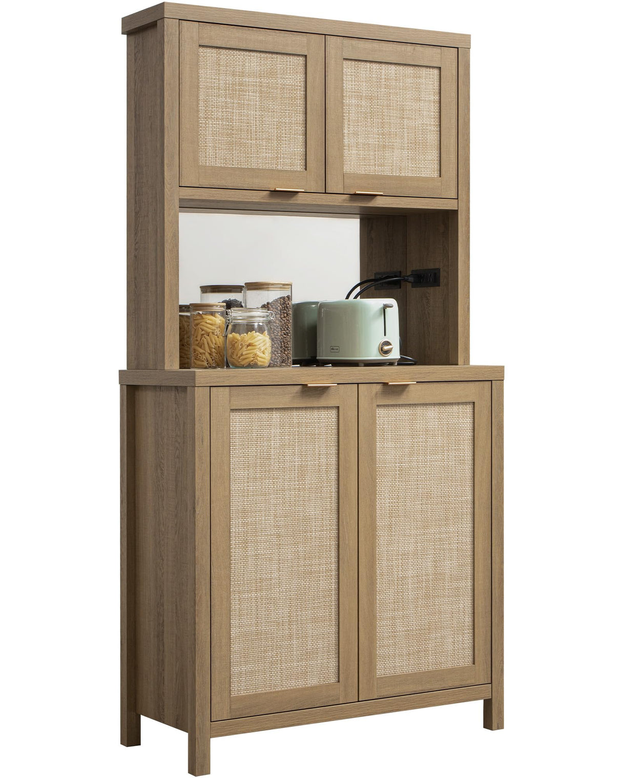SICOTAS Rattan Pantry Kitchen Storage Cabinet: Tall Pantry Cabinet with Rattan Door, Steel Mirror, Power Outlet, Boho Large Freestanding Cupboard Wood Cabinet for Kitchen, Dining Room, Natural Oak SICOTAS