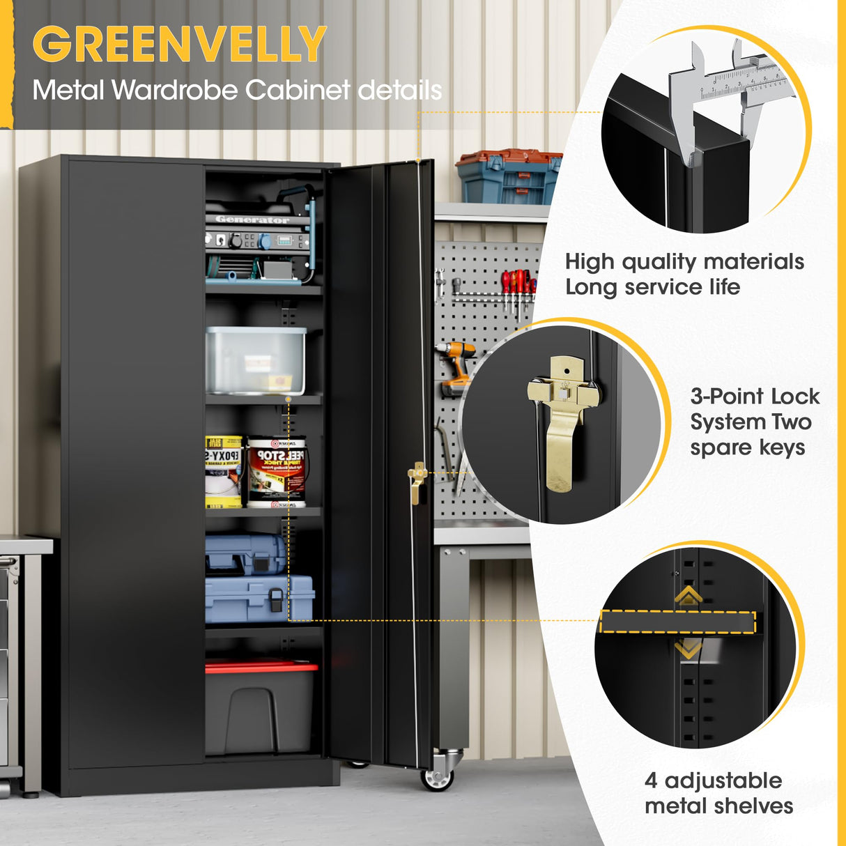 Greenvelly 72" H Metal Garage Storage Cabinet with 2 Doors and 4 Adjustable Shelves, Black Metal Cabinet with Lock, Metal Tool Cabinet for Office,Home, Garage, Gym, School Greenvelly