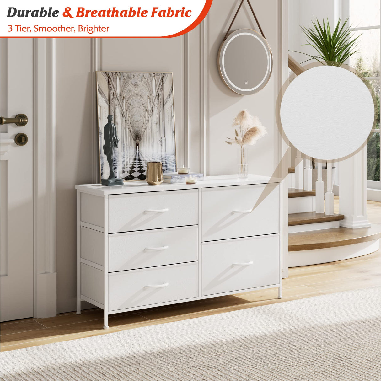 Nicehill White Dresser for Bedroom with 5 Drawers, Small Dresser for Kids' Bedroom, Closet, Wide Chest of Drawers with Storage Drawers, Wooden Top, Steel Frame, Modern, White Nicehill