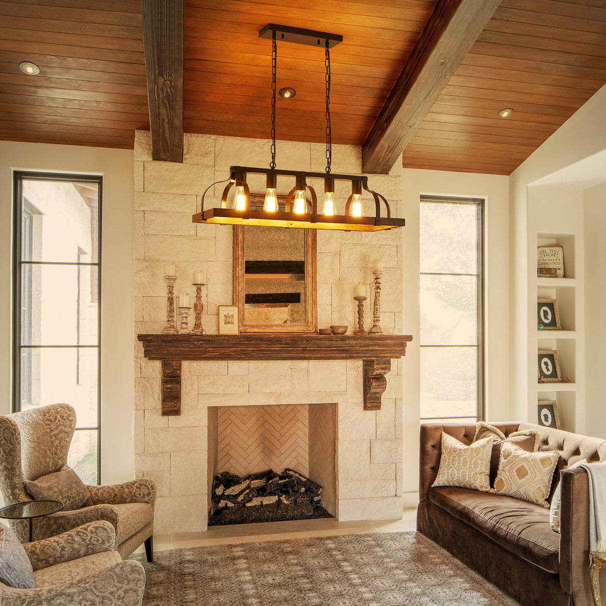 WUZUPS 5-Light Metal Chandelier Imitation Wood Grain Linear Pendant Ceiling Lighting Rustic Farmhouse Fixture Kitchen Island Dining Room, H 8.5" L 31.5" W10, E26 Base, Black & Retro Wood WUZUPS