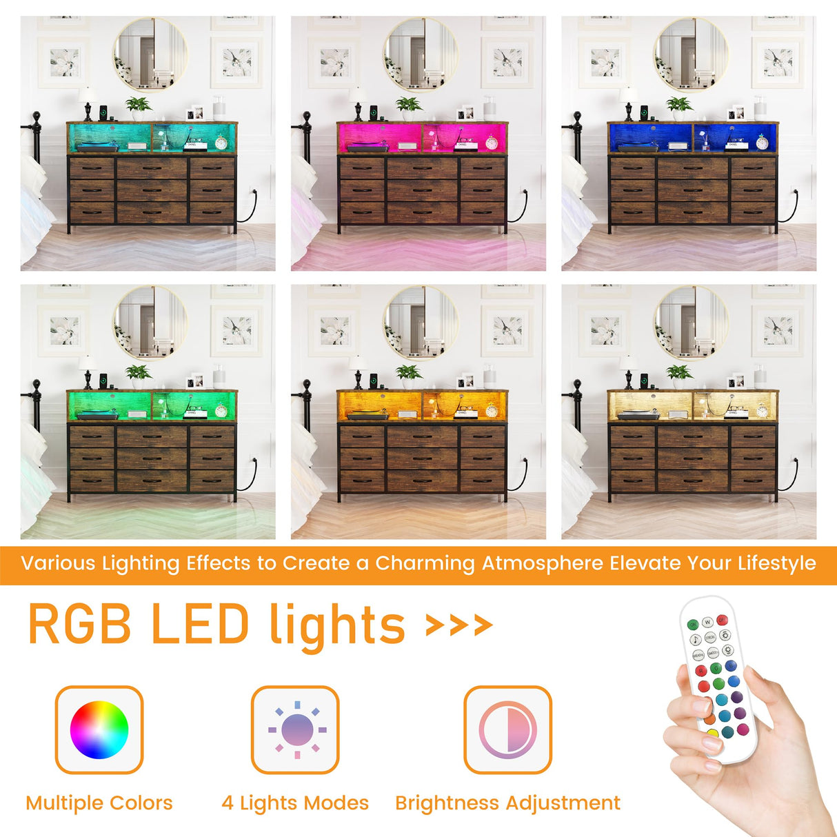 eiskah Dresser for Bedroom, Led Dresser TV Stand with Power Outlets and LED Lights, Long Fabric Dressers Wide Chest of Drawers with Large Organizer for Living Room, Entryway, Hallway,Rustic Brown eiskah