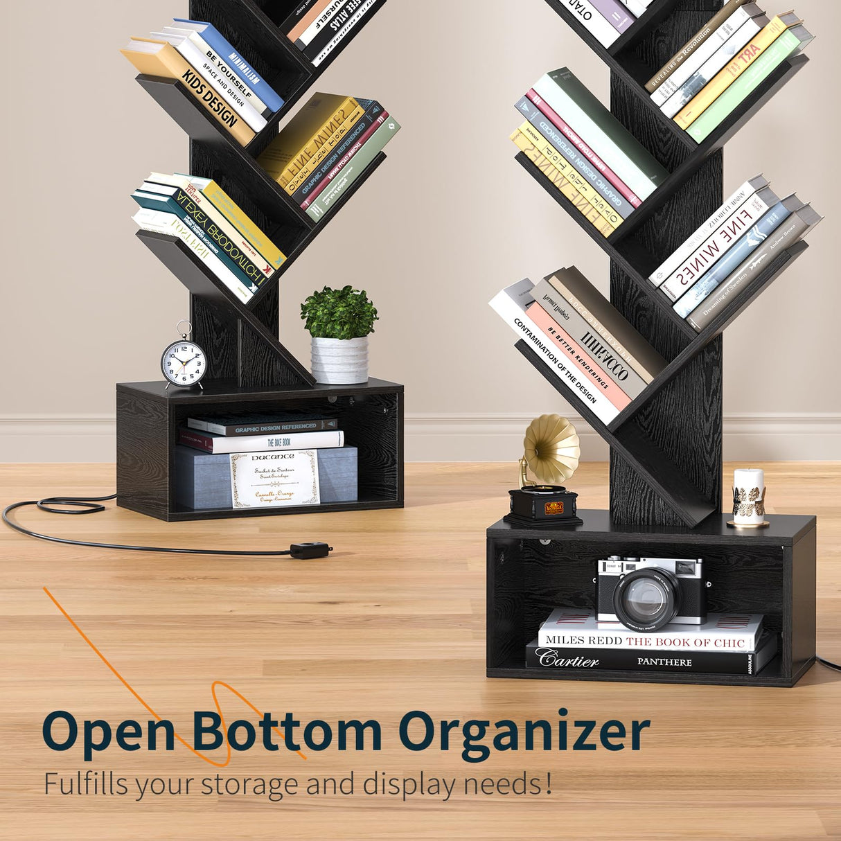 Yoobure Tree Bookshelf with LED Light, 6 Tier Book Shelf, Small Bookcase Narrow Bookshelves with Storage, Wood Book Case Organizer for CDs/Books, Floor-Standing Rack for Bedroom, Office, Black Yoobure