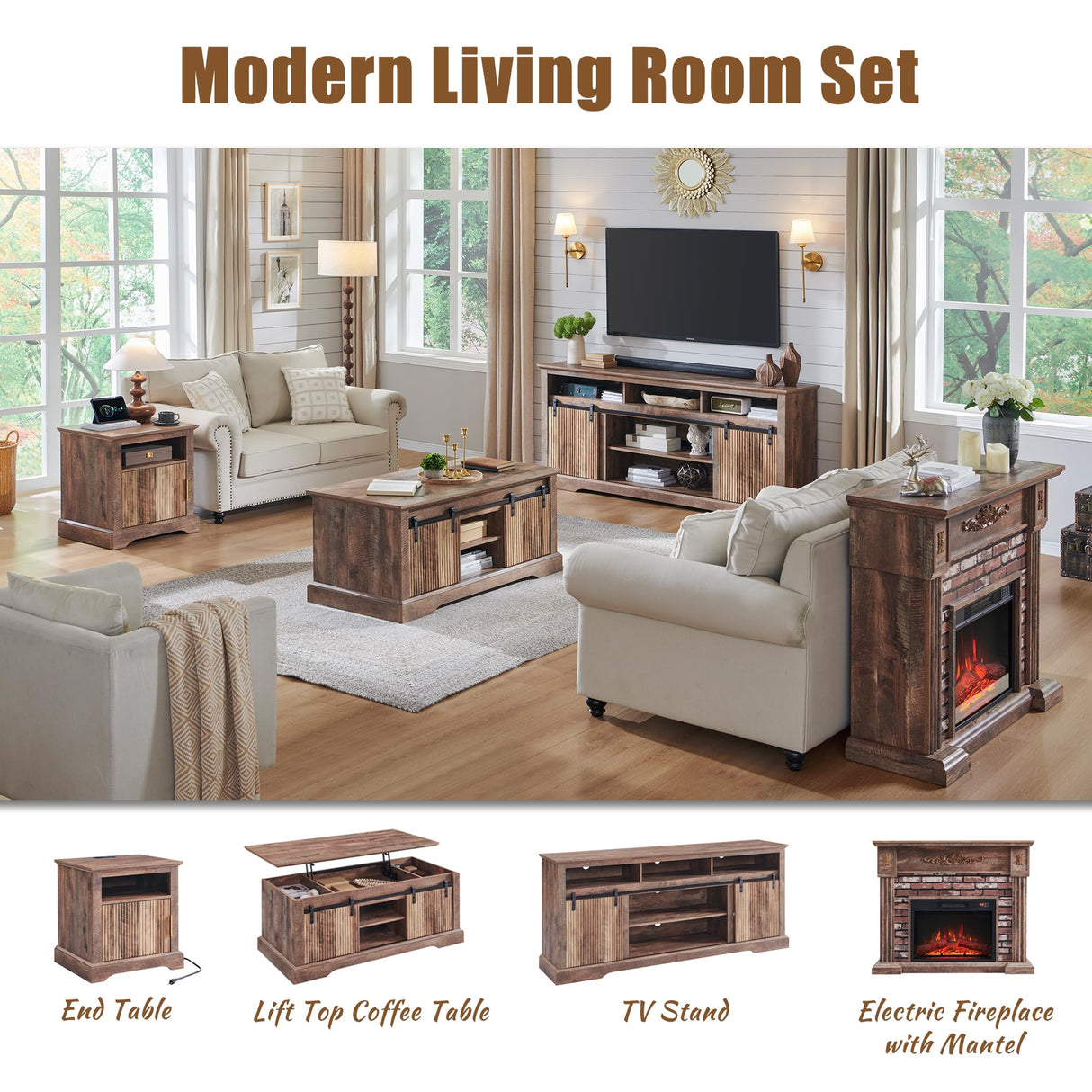 43" Electric Fireplace with Mantel, Electric Fireplace Heater, TV Stand w/Freestanding Electric Fireplace, Stacked Stone Surround, Remote Control, Adjustable Flame Level for Living Room (Light Brown) Aitjunz