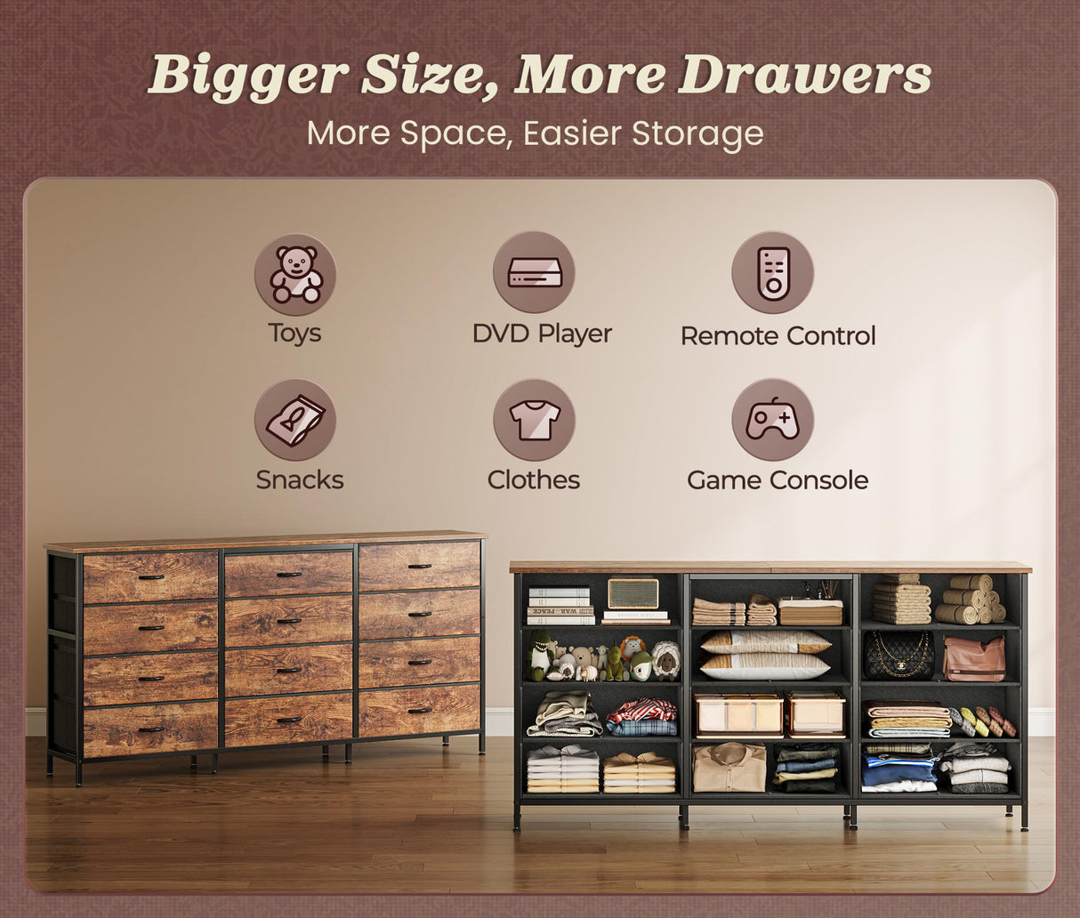 Huuger 63 Inch Long Dresser for Bedroom, TV Stand for 65, 70 Inch TV, 12 Drawer Dresser for Closet, Chest of Drawers, Large Fabric Drawers for Bedroom, Media Console, Rustic Brown Huuger