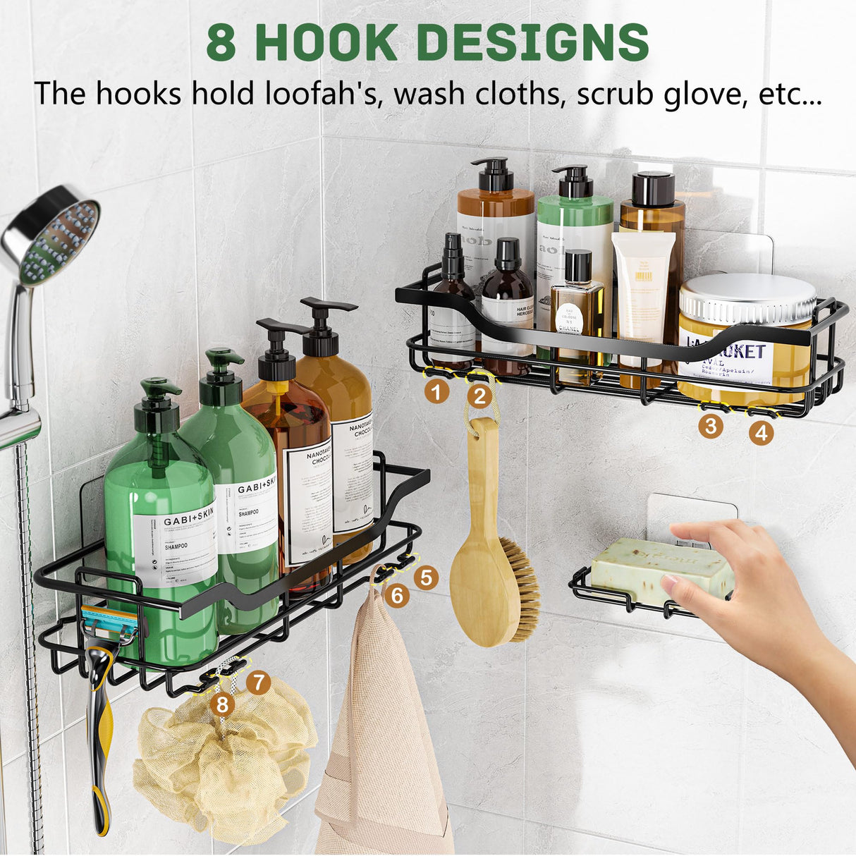 OMAIRA Shower Caddy 3-Pack, Adhesive Shower Organizer with Soap Holder, Rustproof No Drilling Shower Shelves for Inside Shower Bathroom Organizer and Storage, Black(Large) OMAIRA