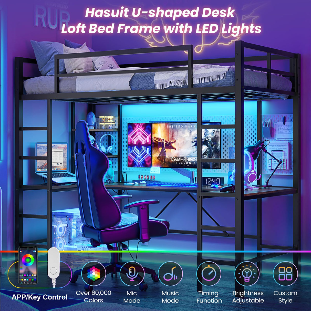 Hasuit Loft Bed with U-Shaped Desk, Charging Station &LED Lights, Metal LED Twin Loft Bed with Open Storage Shelves, Safety Guardrail & Double Ladder,No Box Spring Needed, Black Twin Size Loft Bed Hasuit