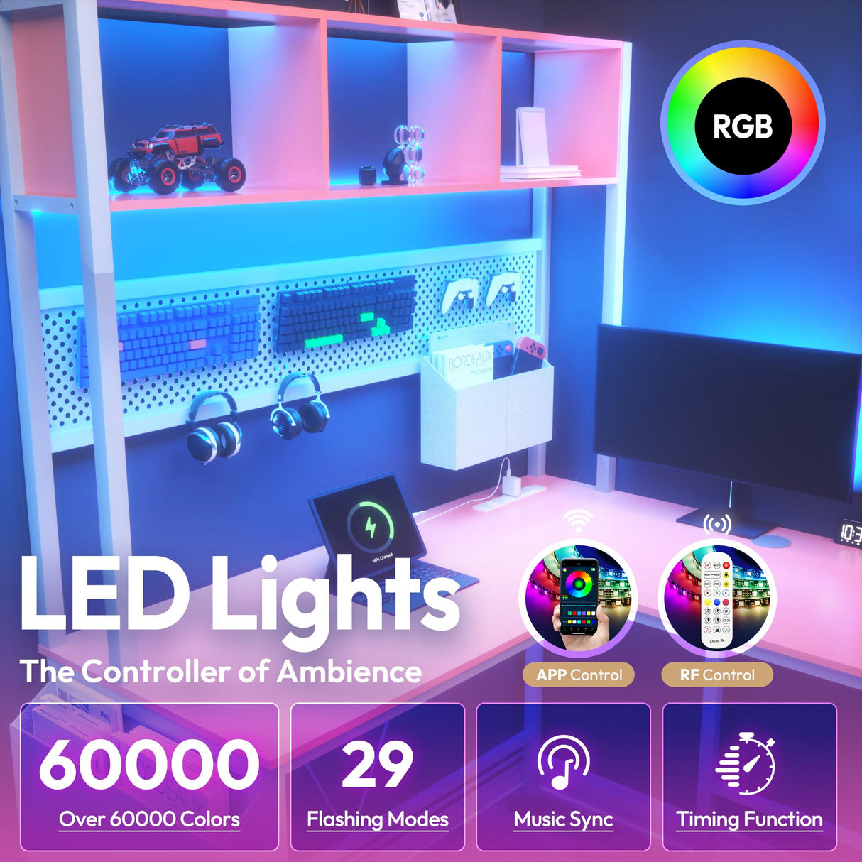 Dowinx L Shaped Desk with Pegboard and Drawers, Reversible 67” Gaming Desk with RGB Light and Power Outlet, Computer Corner Desk with Storage and Hutch for Game Office Home, Pink Dowinx