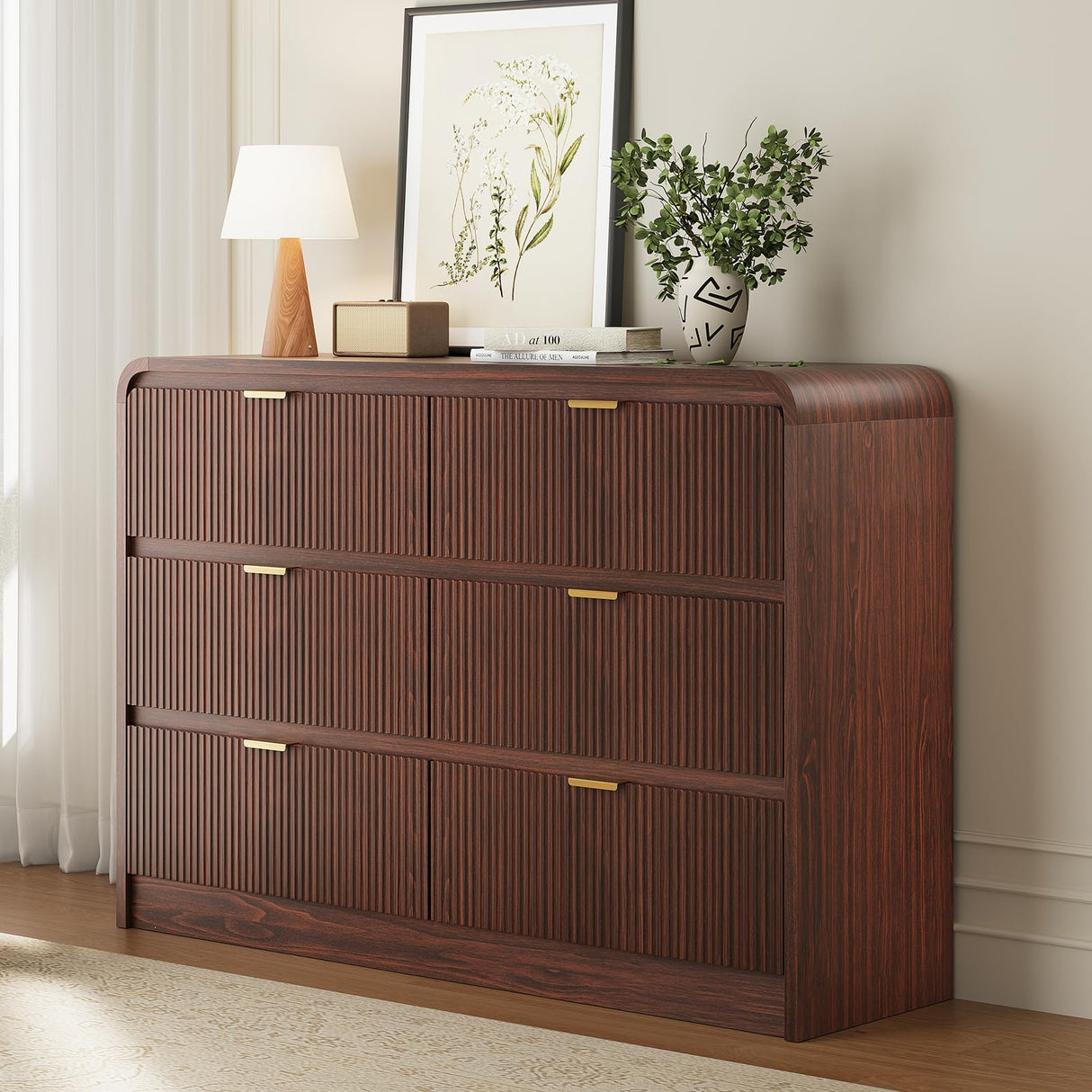 FURSUN Fluted 6 Drawers Dresser for Bedroom, 54" Wide Wooden Dresser with Metal Handle, Curved Profile Design, Modern Storage Organizer for Bedroom, Living Room, Hallway, Walnut FURSUN