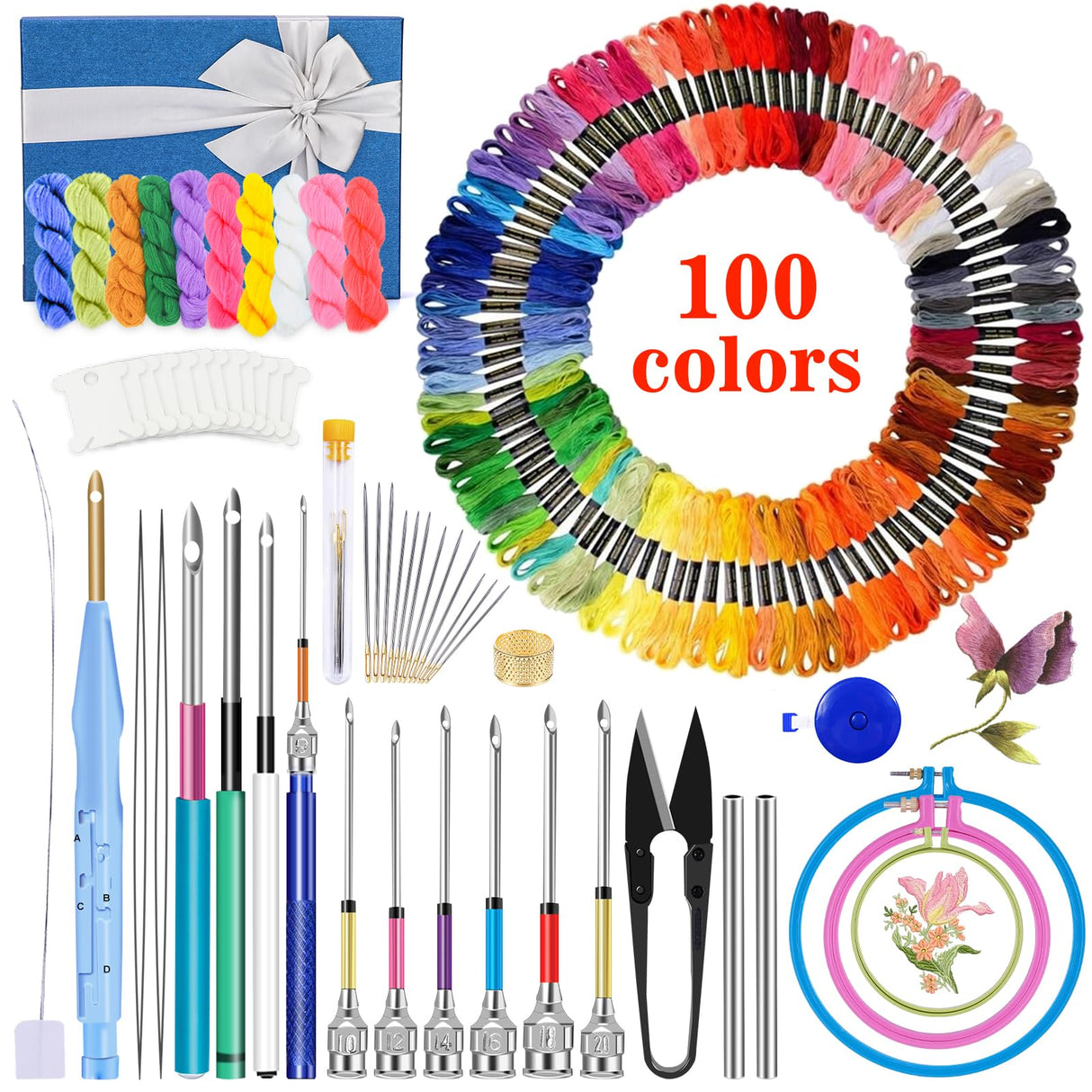 JUPEAN Punch Needle Embroidery Kits, 156 Pcs Punch Needle Tool, 110 Pcs Embroidery Thread and Hoops, Punch Needles Kit for Beginners JUPEAN