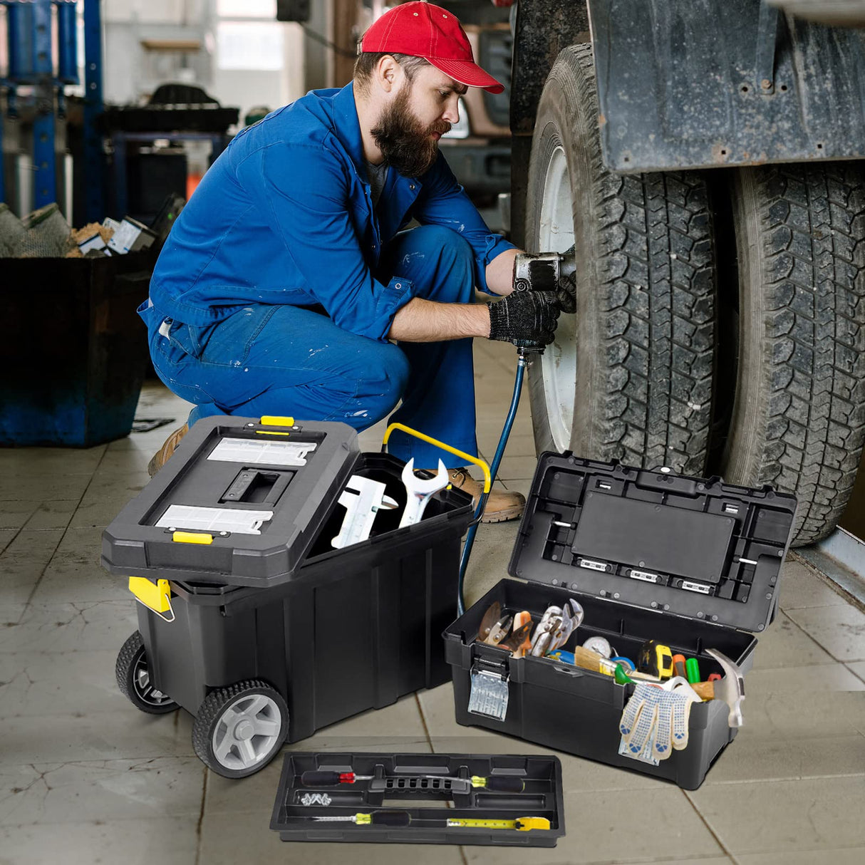 Goplus 2-in-1 Tool Box Portable Rolling Toolbox Storage Solution Multi-Purpose Plastic Organizer Set Mobile Workshop with Wheels Goplus