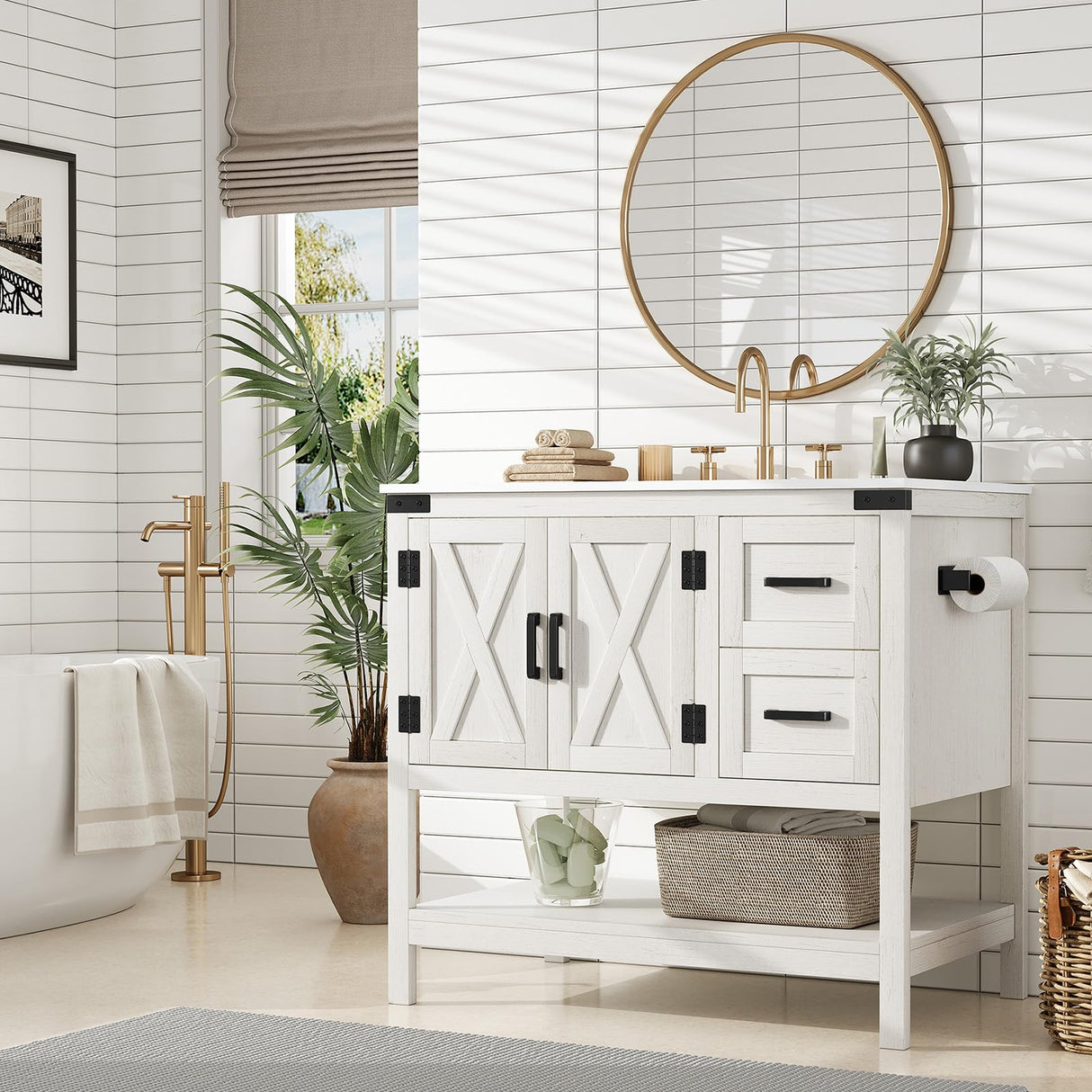 AMERLIFE 36" Farmhouse Bathroom Vanity with Sink Combo, Wood Barn Door Freestanding Small Single Bath Storage Cabinet Set with Sliding Drawers & Open Shelf, Paper Towel Holder, Antique White AMERLIFE