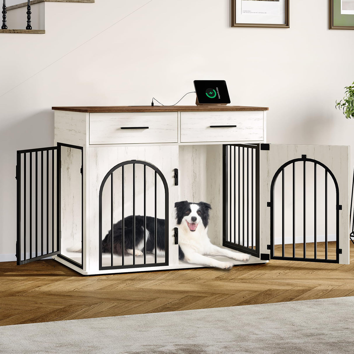 Hzuaneri 39.4'' Large Dog Crate Furniture with 2 Storage Drawers, Heavy Duty Dog Kennel Indoor with Charging Station, Wooden Dog Cage End Table Kennel for Medium/Large Dogs, White Brown DFC84214B Hzuaneri