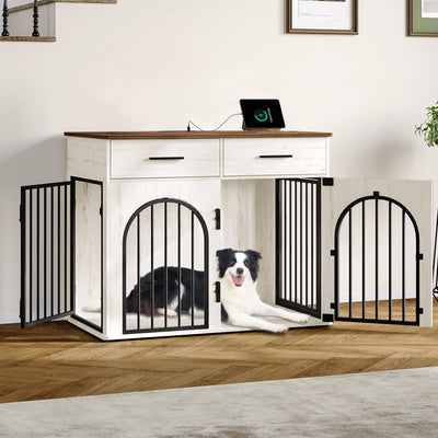 Hzuaneri 39.4'' Large Dog Crate Furniture with 2 Storage Drawers, Heavy Duty Dog Kennel Indoor with Charging Station, Wooden Dog Cage End Table Kennel for Medium/Large Dogs, White Brown DFC84214B