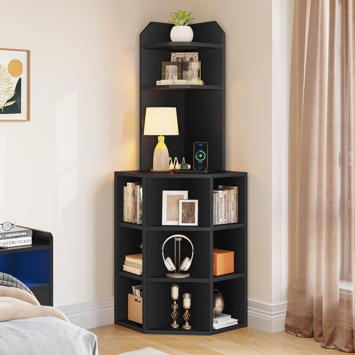 YITAHOME Corner Shelf with USB Ports & Outlets, Industrial Corner Storage Cabinet Rack Charging Station, Wooden Display Bookshelf Bookcase for Living Room, Bedroom, Dining Room, Kitchen, Black YITAHOME