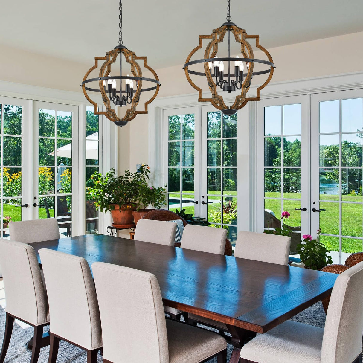 Faibra 6-Light Farmhouse Wood Pendant Light,22.83'' Vintage Rustic Brown Oak Wood Chandeliers,Retro Industrial Hanging Light Fixtures for Dining Room Entryway, Bedroom Faibra