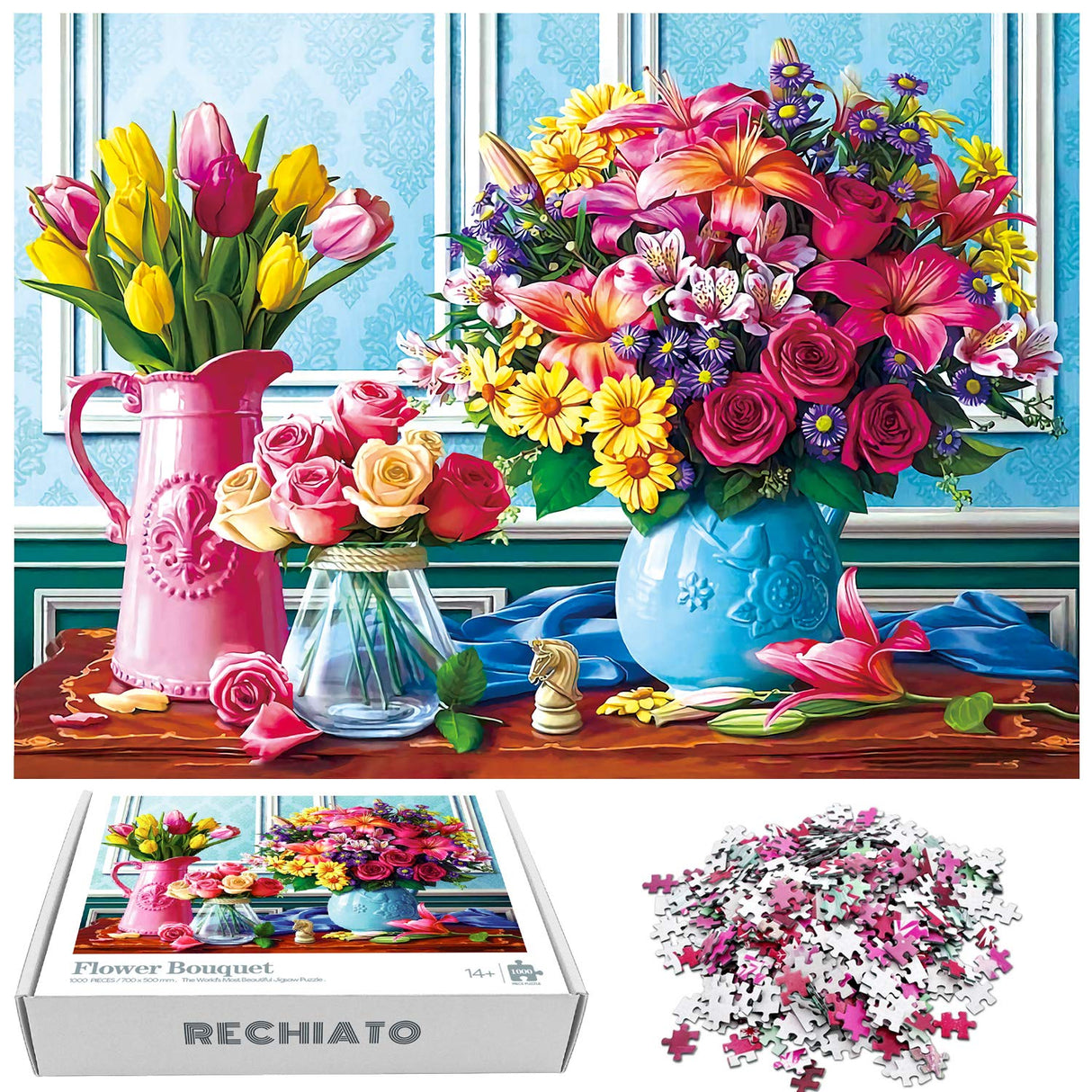 Jigsaw Puzzles 1000 Pieces for Adults Spring Flowers, Colorful Flowers Jigsaw Puzzles, Plants Tulip Rose Daisy Challenging Funny Puzzles for Friends Family Activity Game Nights RECHIATO