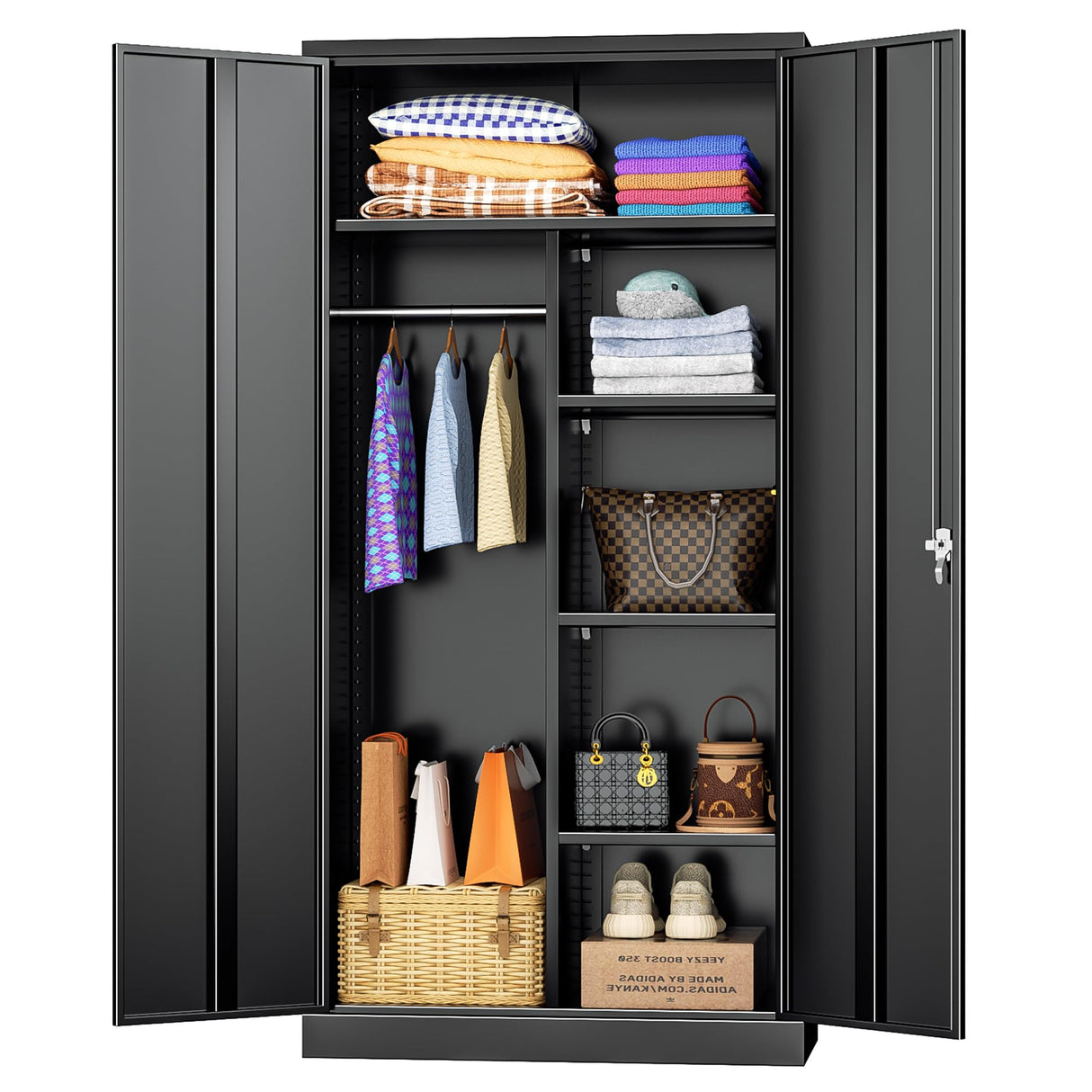 INTERGREAT Metal Wardrobe Closet, 72" Black Locking Storage Wardrobe Cabinet with Doors and Shelves, Tall Steel Clothes Storage for Office, Home, School, Gym INTERGREAT