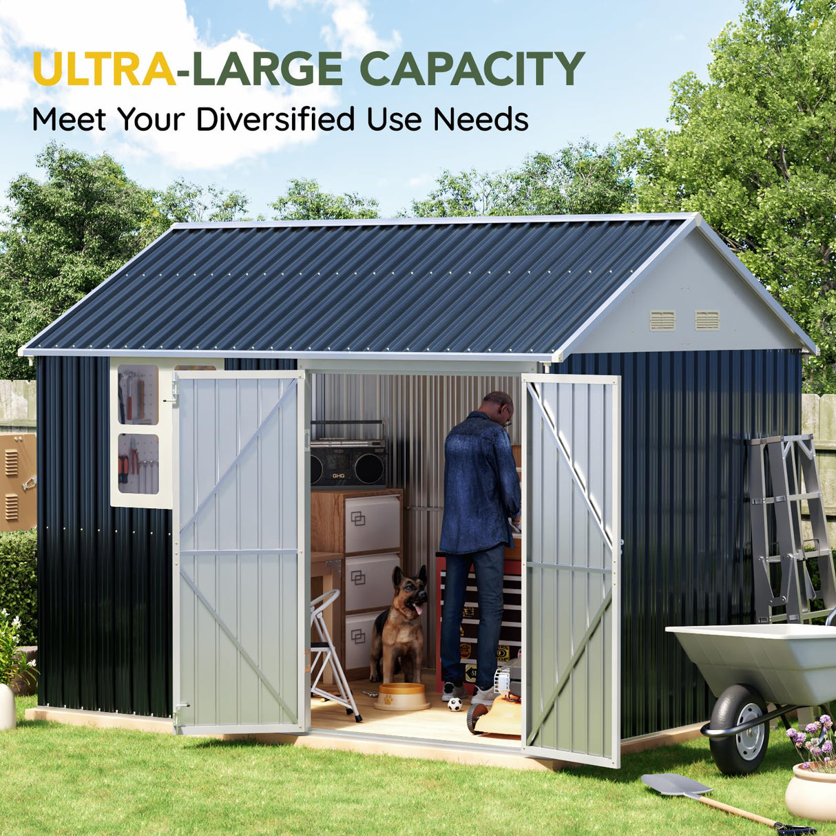 Breezz 8X10FT Outdoor Steel Storage Shed with Clear Window, Lockable Doors, Weather-Resistant Metal Tool Shed for Garden, Backyard, Patio, and Utility Storage.Nightblue BreezZ