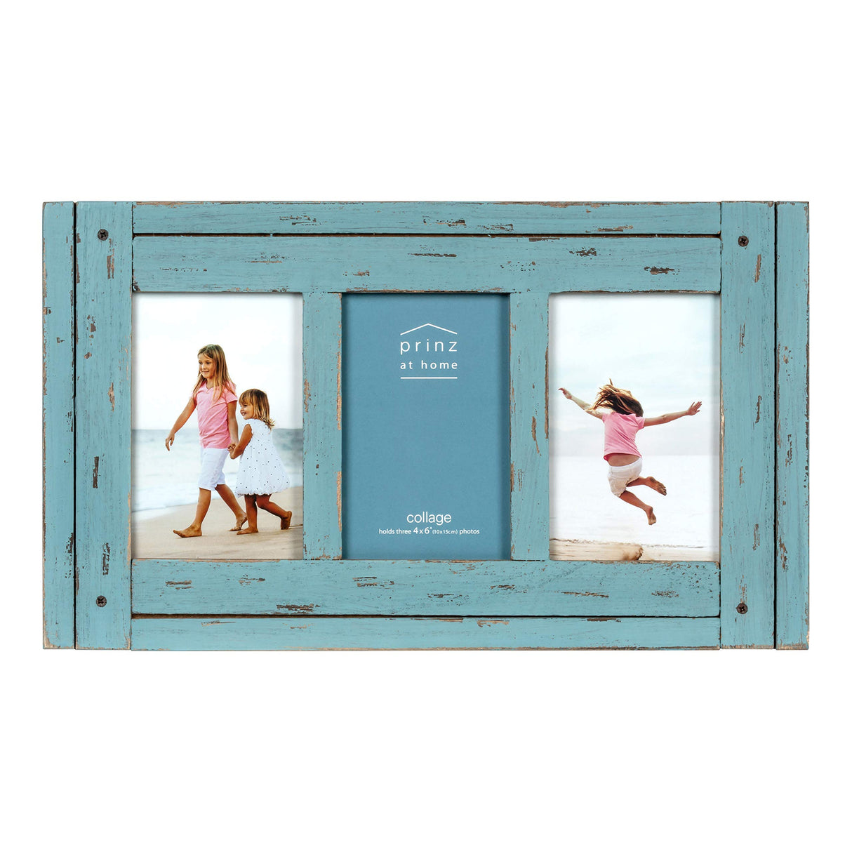 Prinz Homestead Blue Three-Picture Frame, 4 x 6 Distressed Wood Collage Frame, Wooden Rustic Decor, Two-Way Easel, Can Be Wall-Mounted, 15.5 x 0.75 x 9.1 Inches Prinz