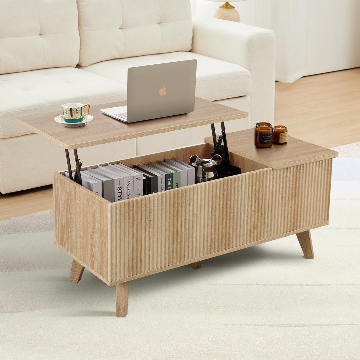 affeivul Boho Lift Top Coffee Table with Storage for Living Room, Bedroom, Rectangle Low Fluted Coffee Table with Drawers, Contemporary Pop Up Coffe Table Convertible Rising (Natural) affeivul