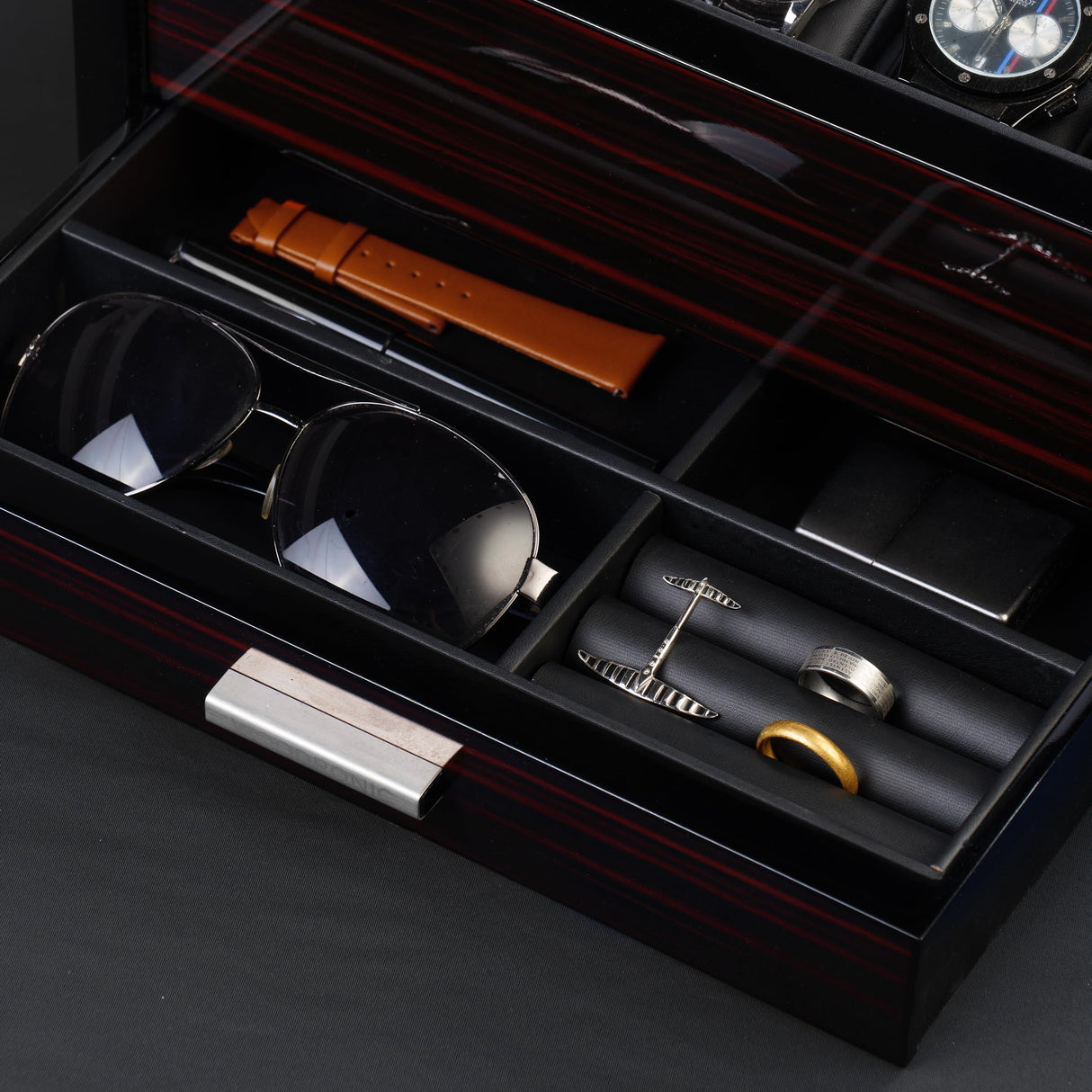 Woodronic Watch Organizer Case, 10 Slots Wood Watch Box Display Holder with Storage Drawer and Pillows, Glossy Finish, Glass Top and 2-Tiered Design, Gift for Men (Flat-top) Woodronic