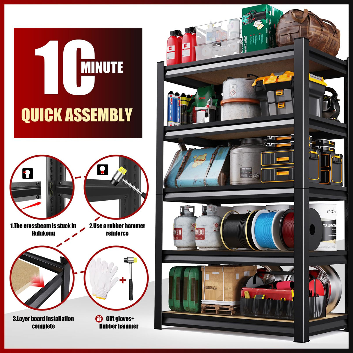 72''H/45''W Garage Shelving Heavy Duty 5-Tier Adjustable Storage Shelves Unit,2500 LBS Metal Utility Rack Shelf for Industries, Warehouses, Basement,Black LBVSKK